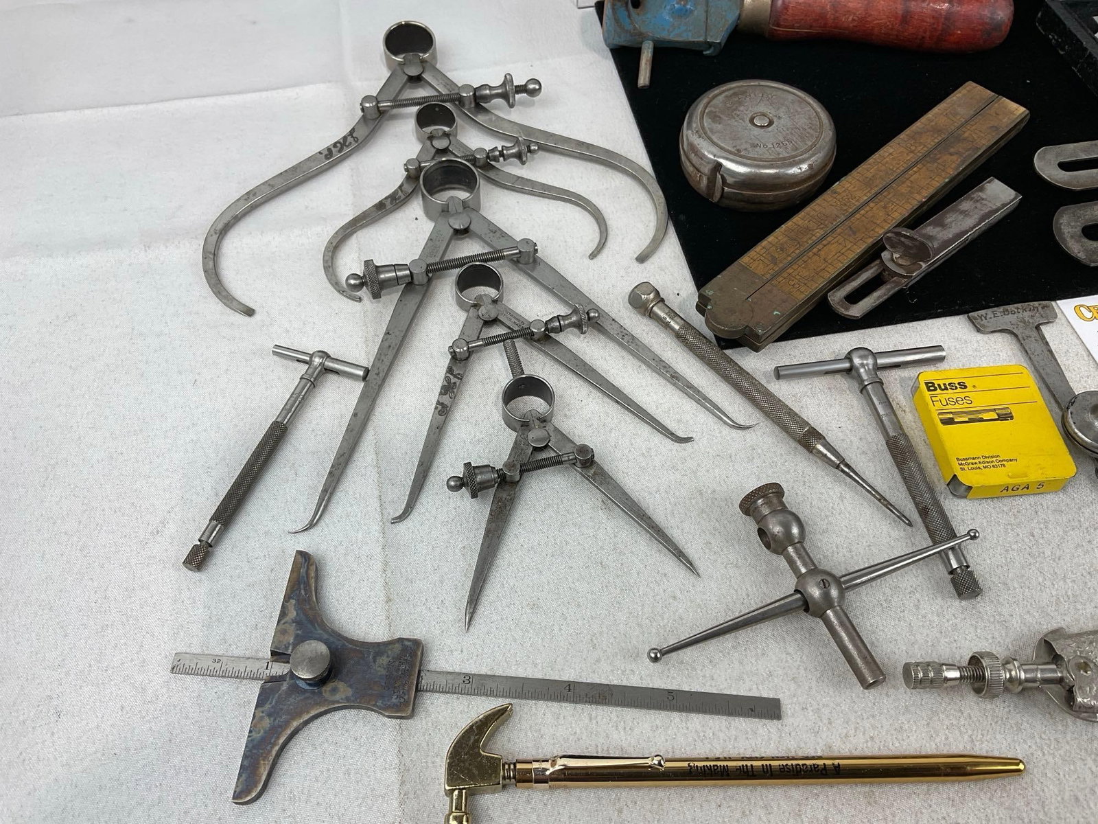 Asst Drafting Tools, Calipers, Compasses, Starrett Micrometer, Sliding T-Bevel Gauges, & more - 2