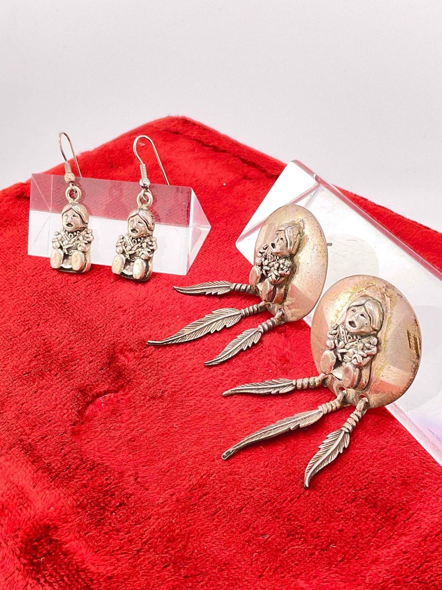 2x Pairs Vintage Carol Felley Sterling Silver Earrings w/ Storyteller Design. See pics. - 2