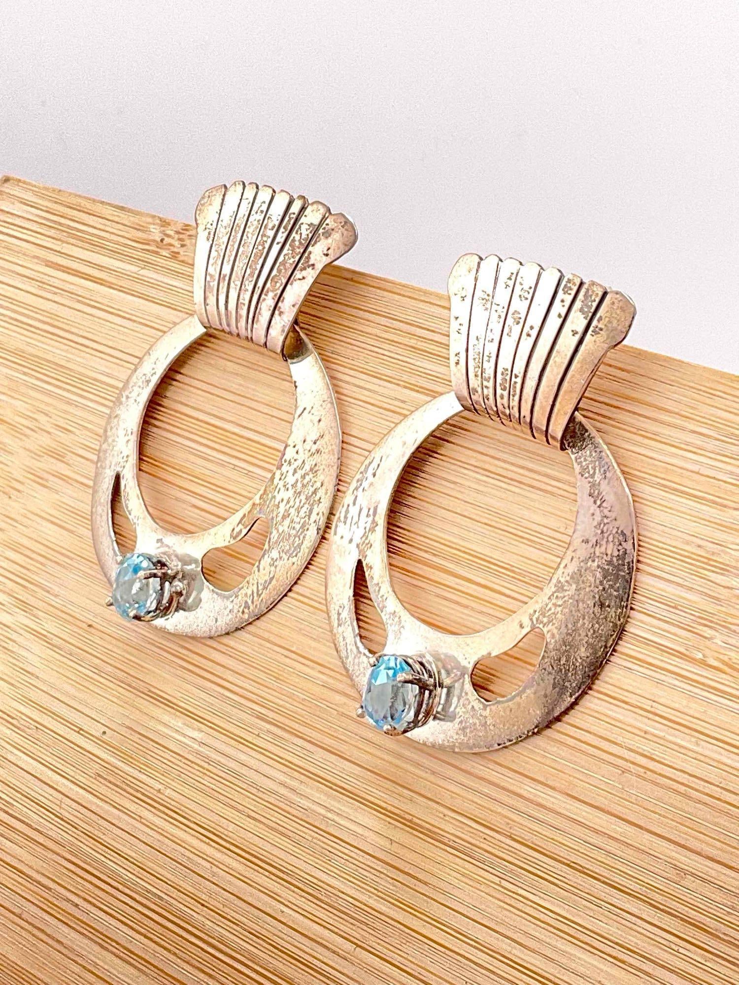 Vintage Carol Felley Sterling Silver Earrings w/ Blue Topaz Toned Setting. See pics. - 2