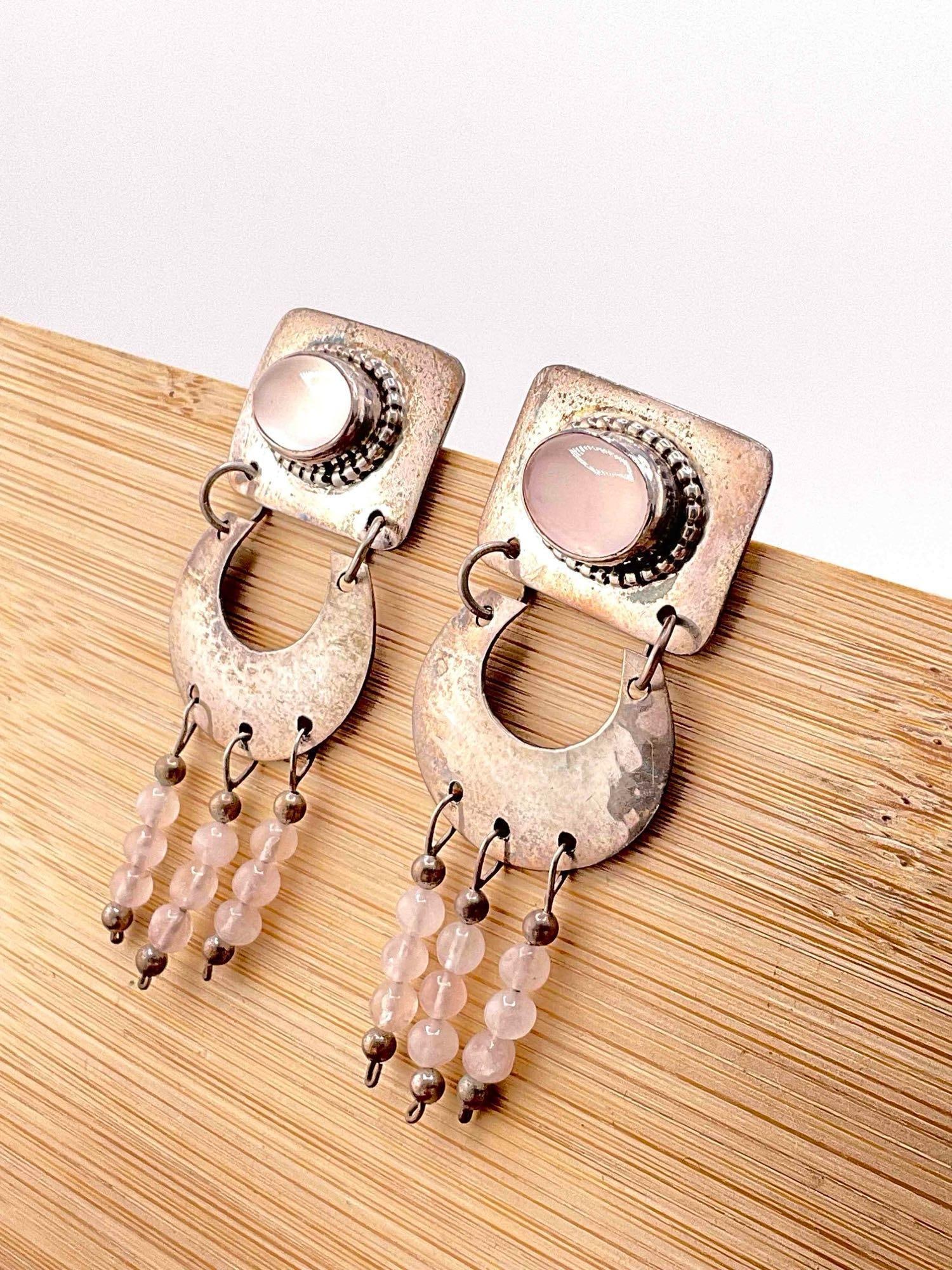 Vintage Carol Felley Sterling Silver Earrings w/ Rose Quartz Toned Settings. See pics. - 2