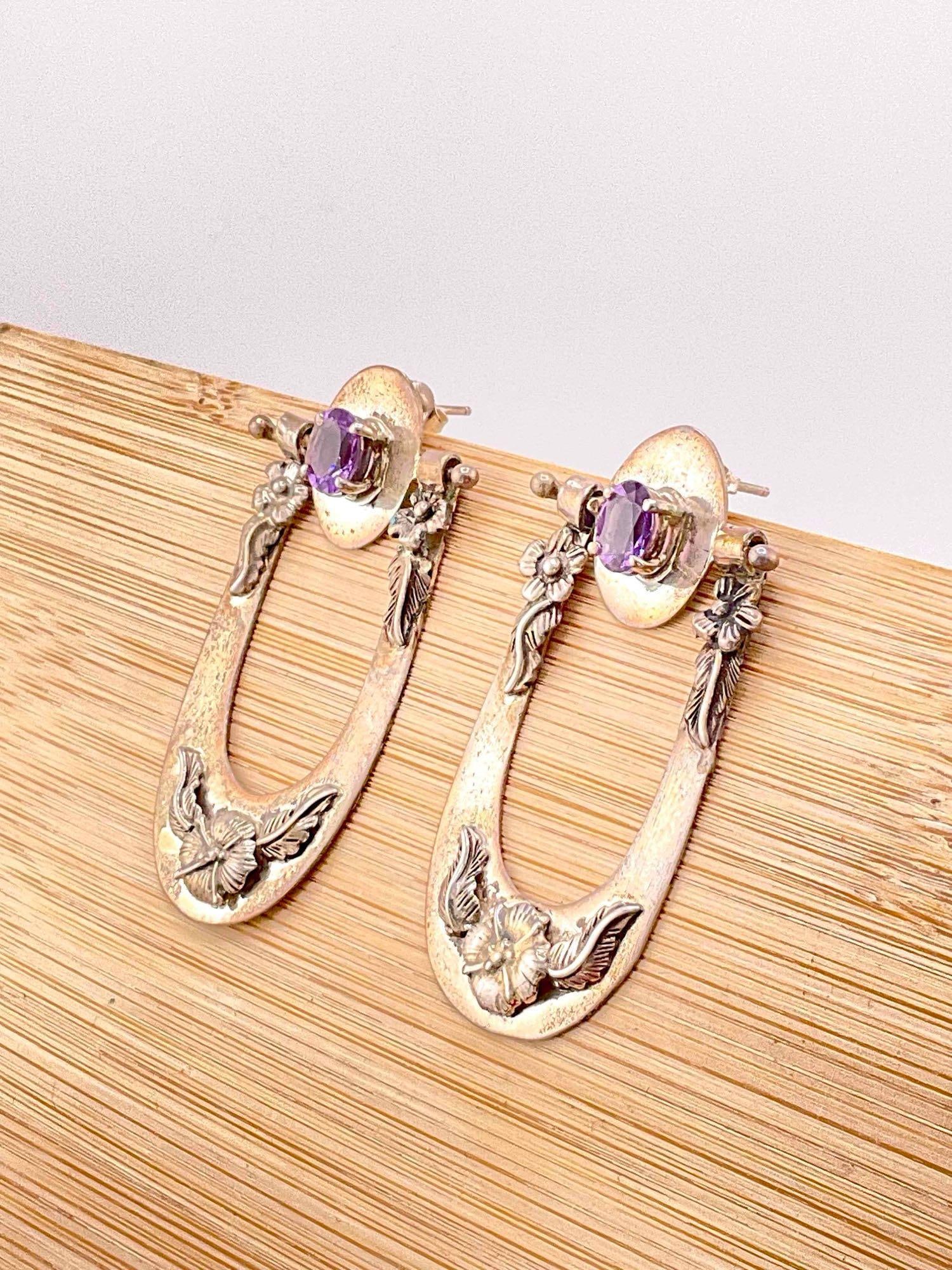 Vintage Carol Felley Sterling Silver Earrings w/ Amethyst Toned Settings & Horseshoe Design. - 2