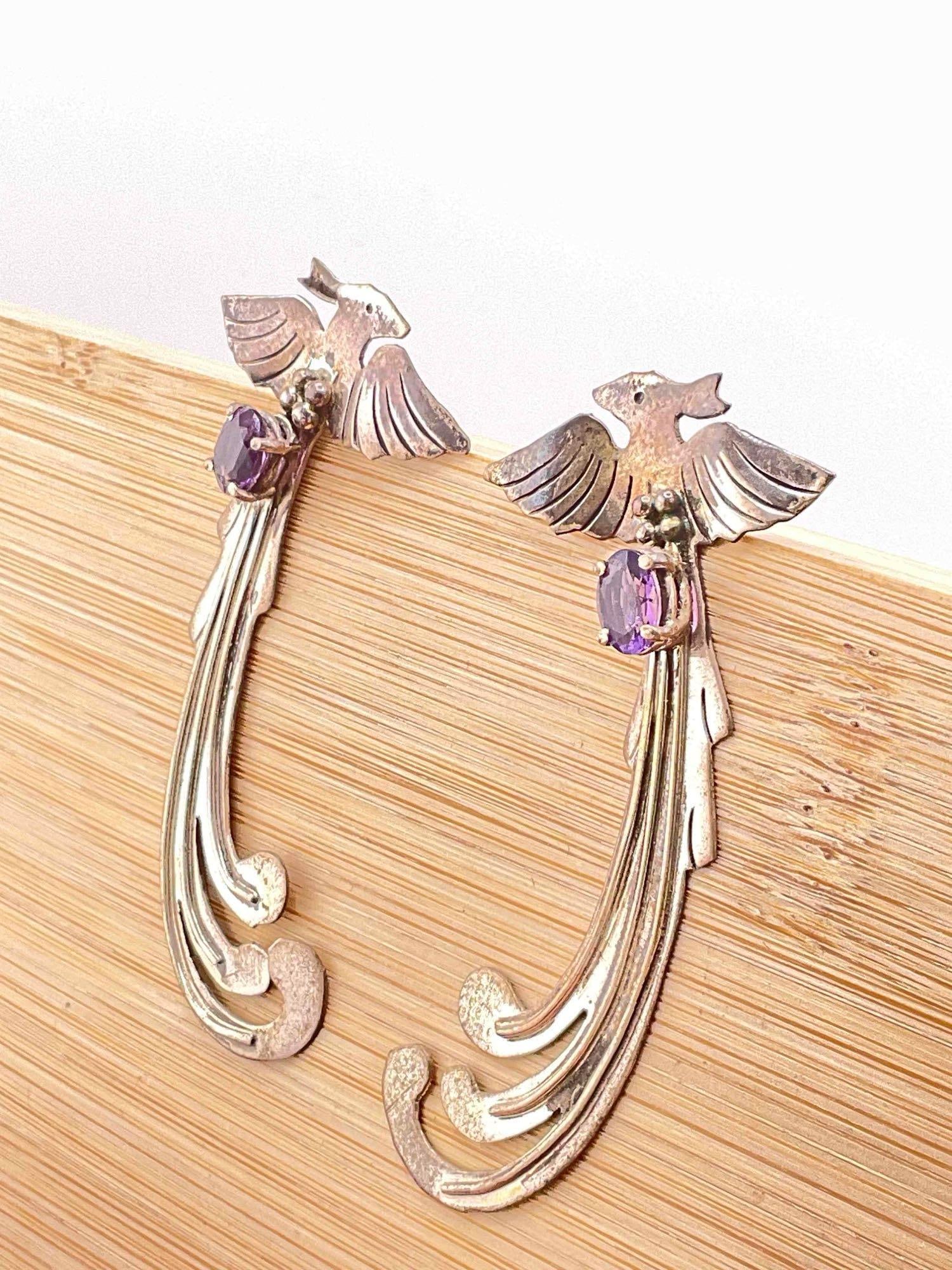 Vintage Carol Felley Sterling Silver Earrings w/ Amethyst Toned Settings & Bird Design. See pics. - 2