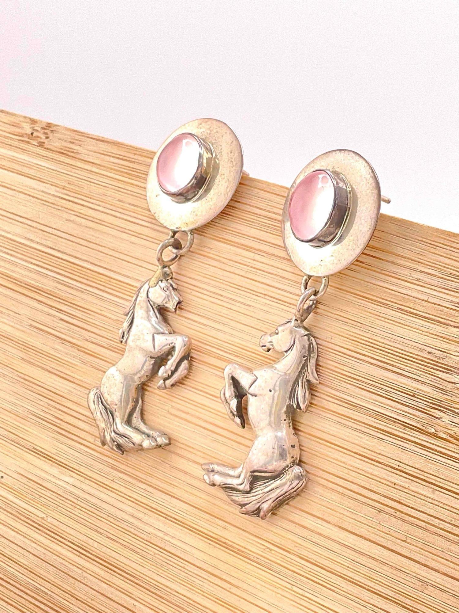 Vintage Carol Felley Sterling Silver Earrings w/ Rose Quartz Toned Setting & Horse Design. - 2