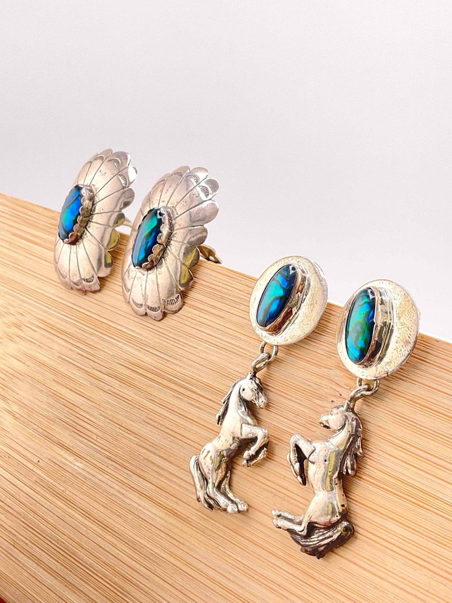 2 Pairs of Silver Toned Earrings w/ Dyed Abalone Toned Settings, 1x Vintage Carol Felley Sterling. - 2