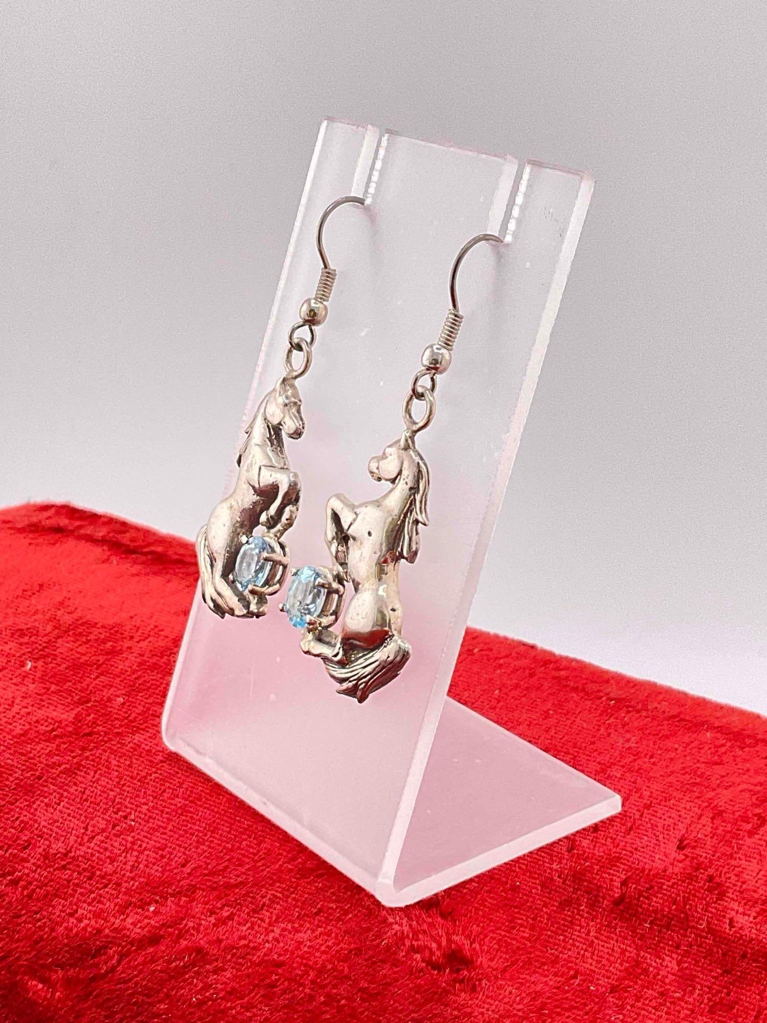 Vintage Carol Felley Sterling Silver Earrings w/ Blue Topaz Toned Setting & Horse Design. - 2