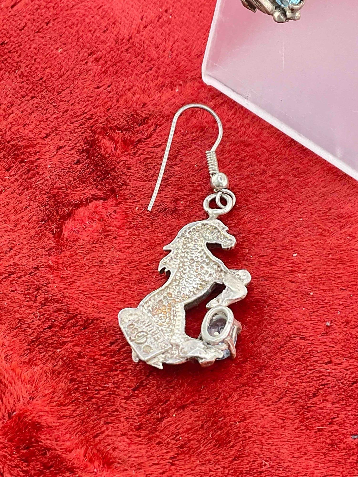 Vintage Carol Felley Sterling Silver Earrings w/ Blue Topaz Toned Setting & Horse Design. - 3