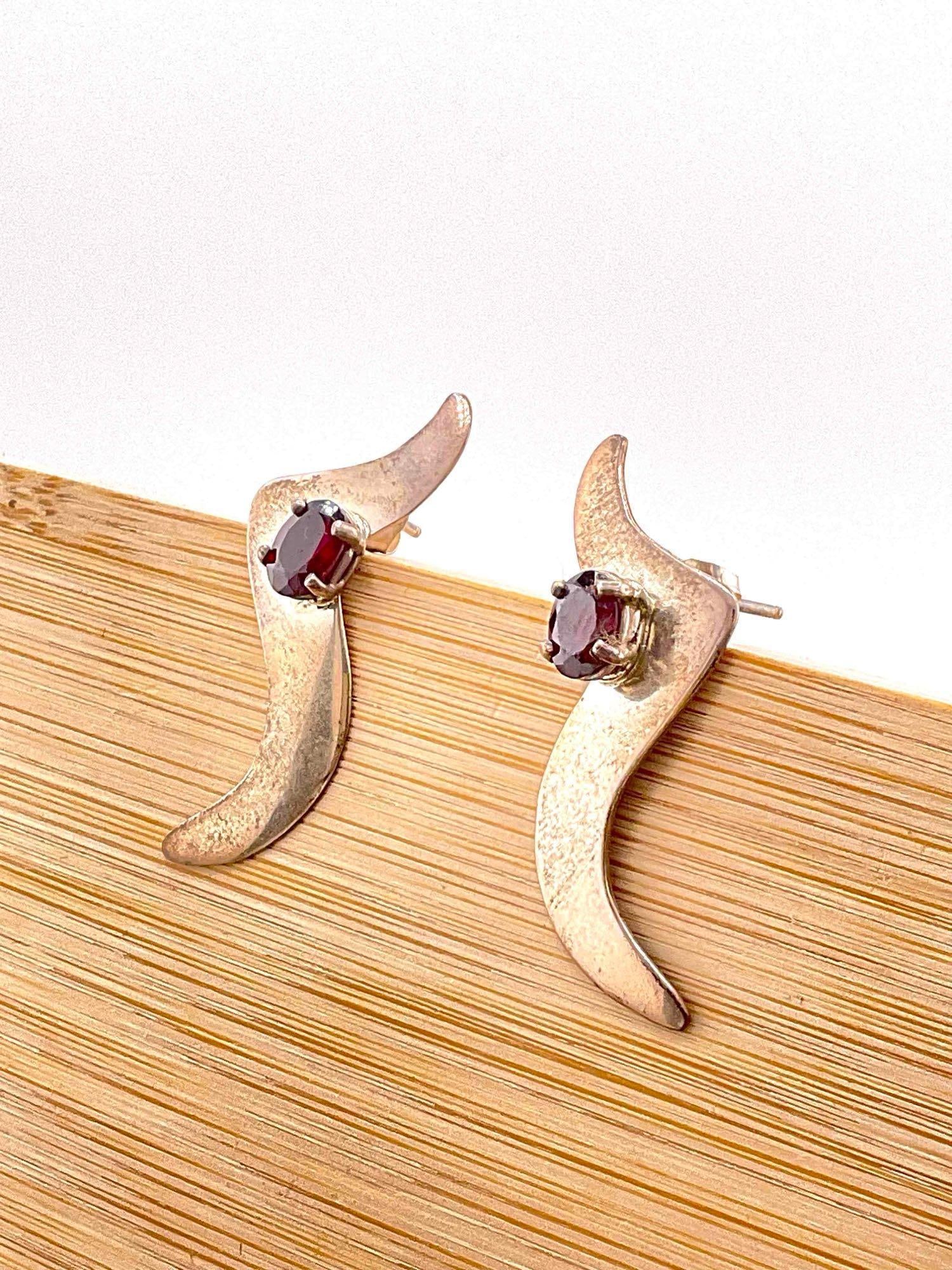 Native American Sterling Silver Earrings w/ Garnet Toned Setting & Abstract Design, Signed AB. - 2