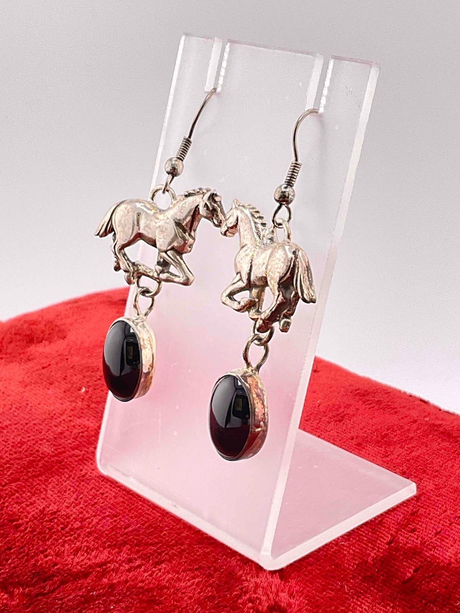 Vintage Carol Felley Sterling Silver Earrings w/ Black Onyx Setting & Horse Design. See pics. - 2