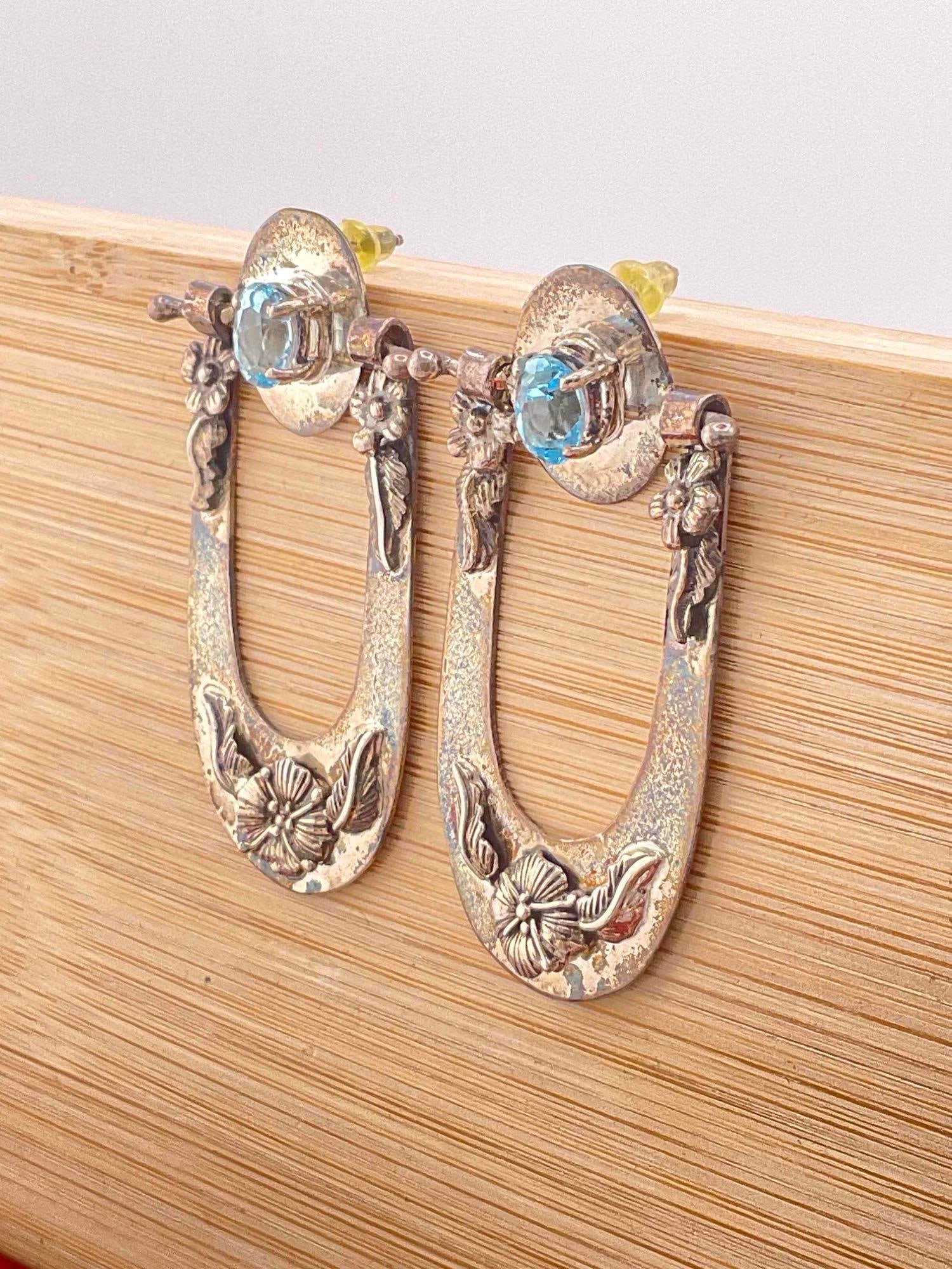 Vintage Carol Felley Sterling Silver Earrings w/ Blue Topaz Toned Setting & Horseshoe Design. - 2
