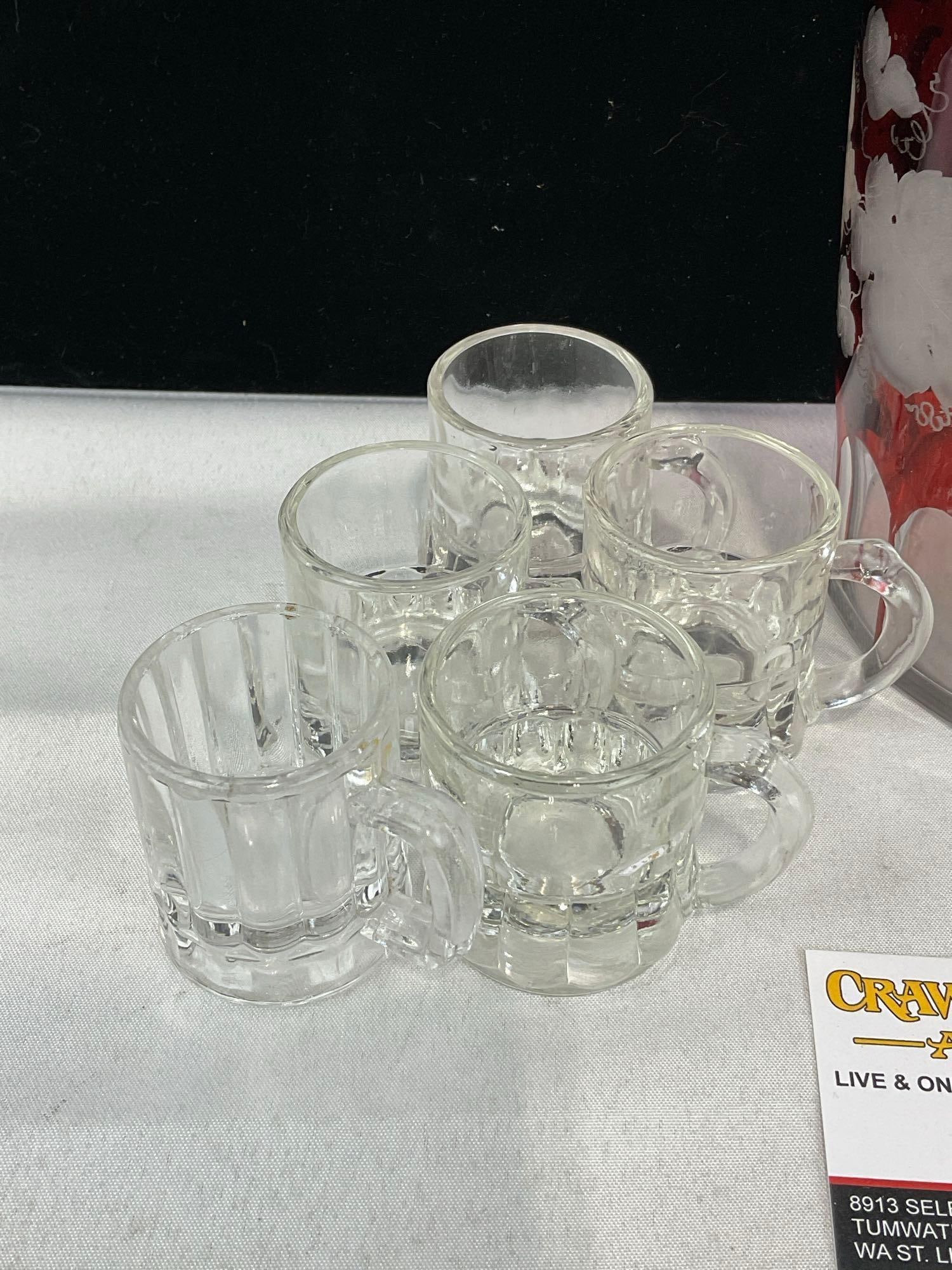 Bohemian Burgundy Decanter, Cut to Clear w/Stopper & 5 Depression Glass mini Whiskey mugs - 2