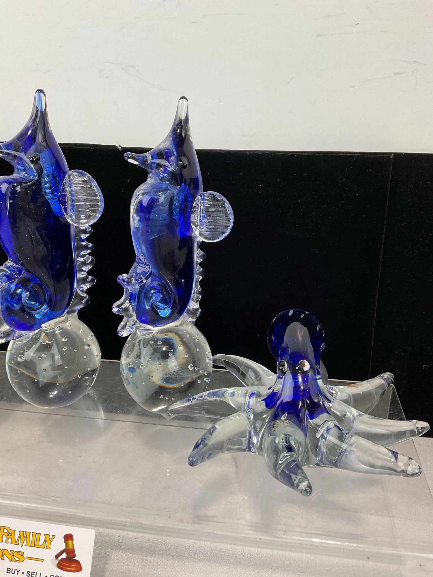 Charming Murano Style Glass Figures, Pair of Penguins, 2 Seahorses, & Octopus - 3