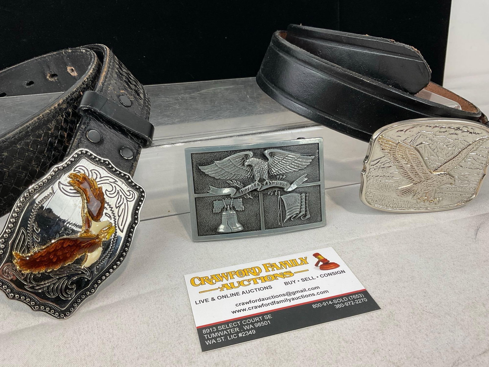 3 Cast Metal Belt Buckles w/Patriotic Eagle details & 2 leather belts - 2