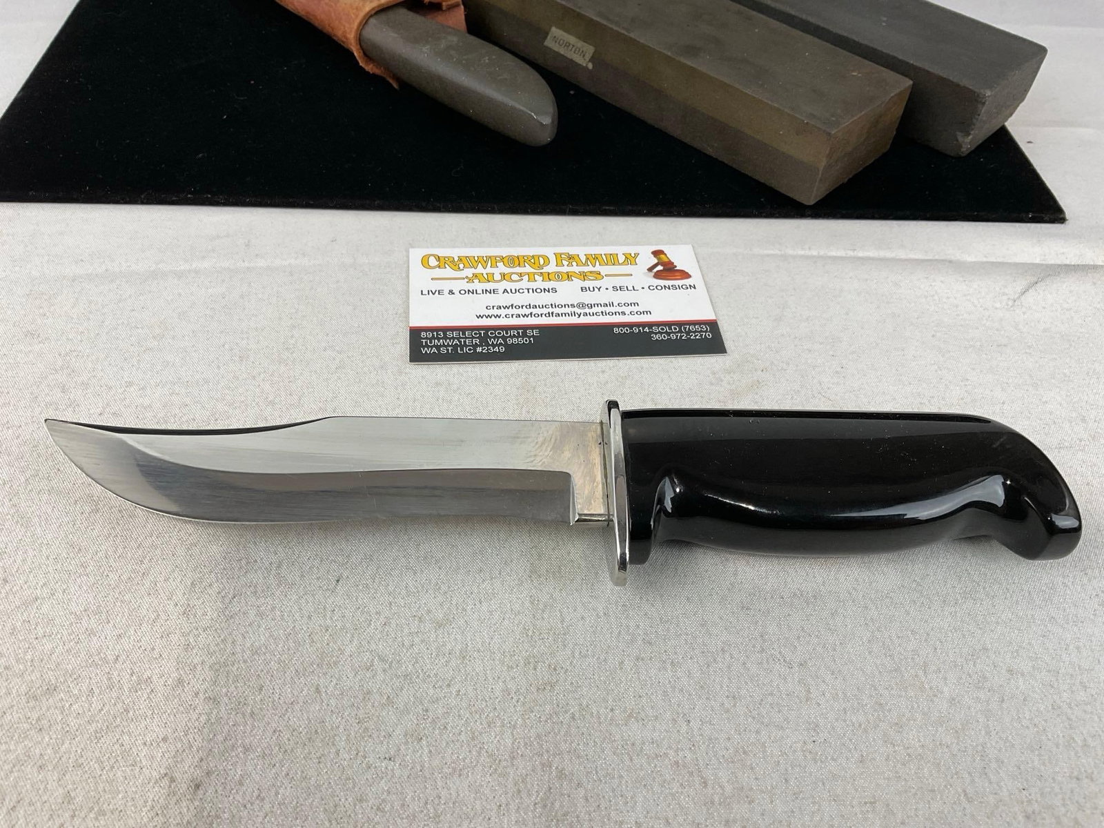 2 Norton Whetstones, Gerber Shorty Knife, Aluminum Handle & unmarked Fixed Blade Knife - 2