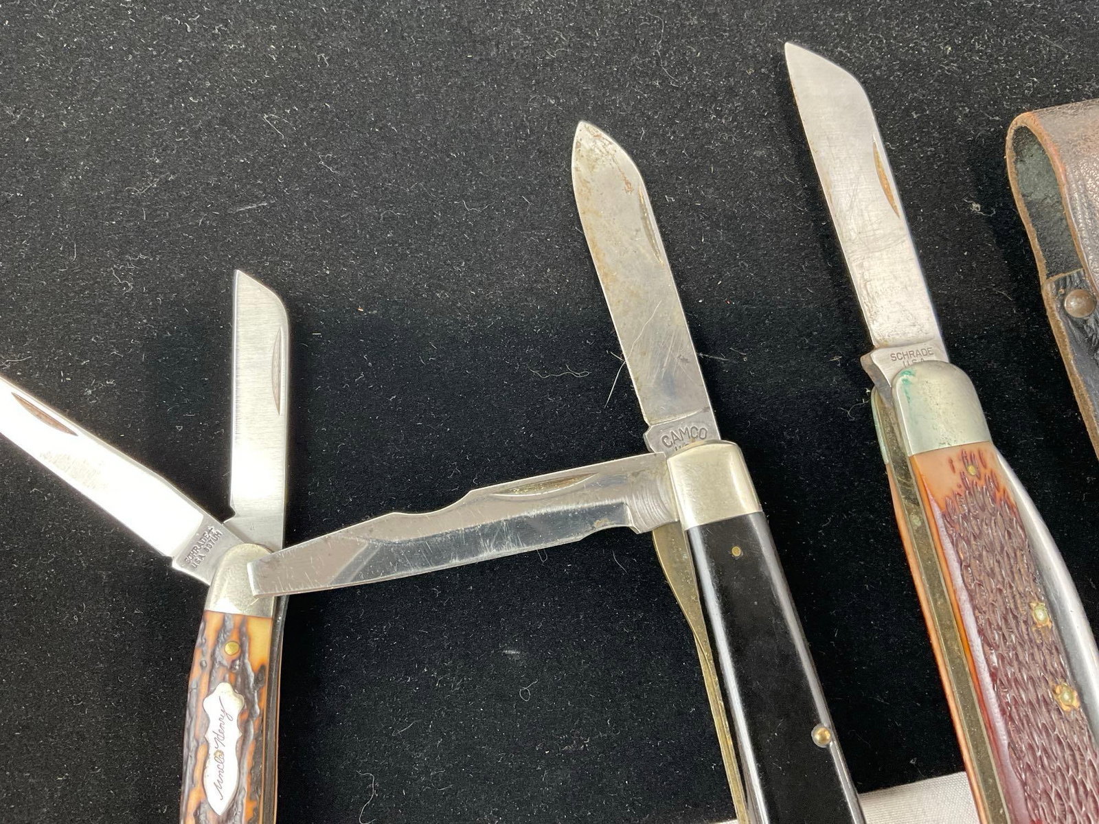 Set of 3 Folding Knives, Schrade 735SS, & 897UH, Camco 229 w/2 Buck Leather Sheaths - 2