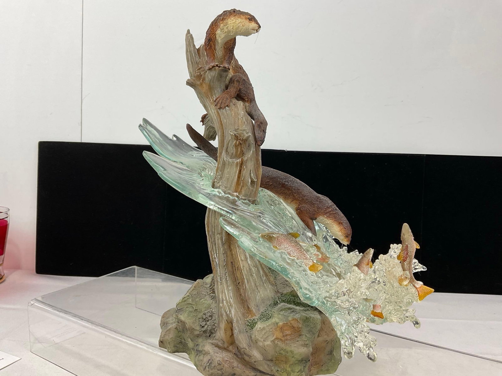 Otter Sculptures, Larger Lucite River & Otters, Carved Stone, & Wood, Mt. St Helens Ash figure - 7