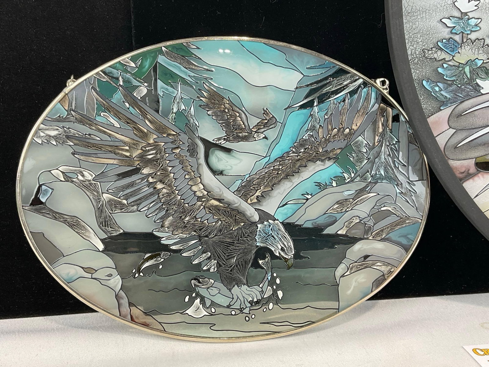 2 Faux Stained Glass Designs, Eagle Motifs, Oval & Large Round, 16 inches diameter - 2