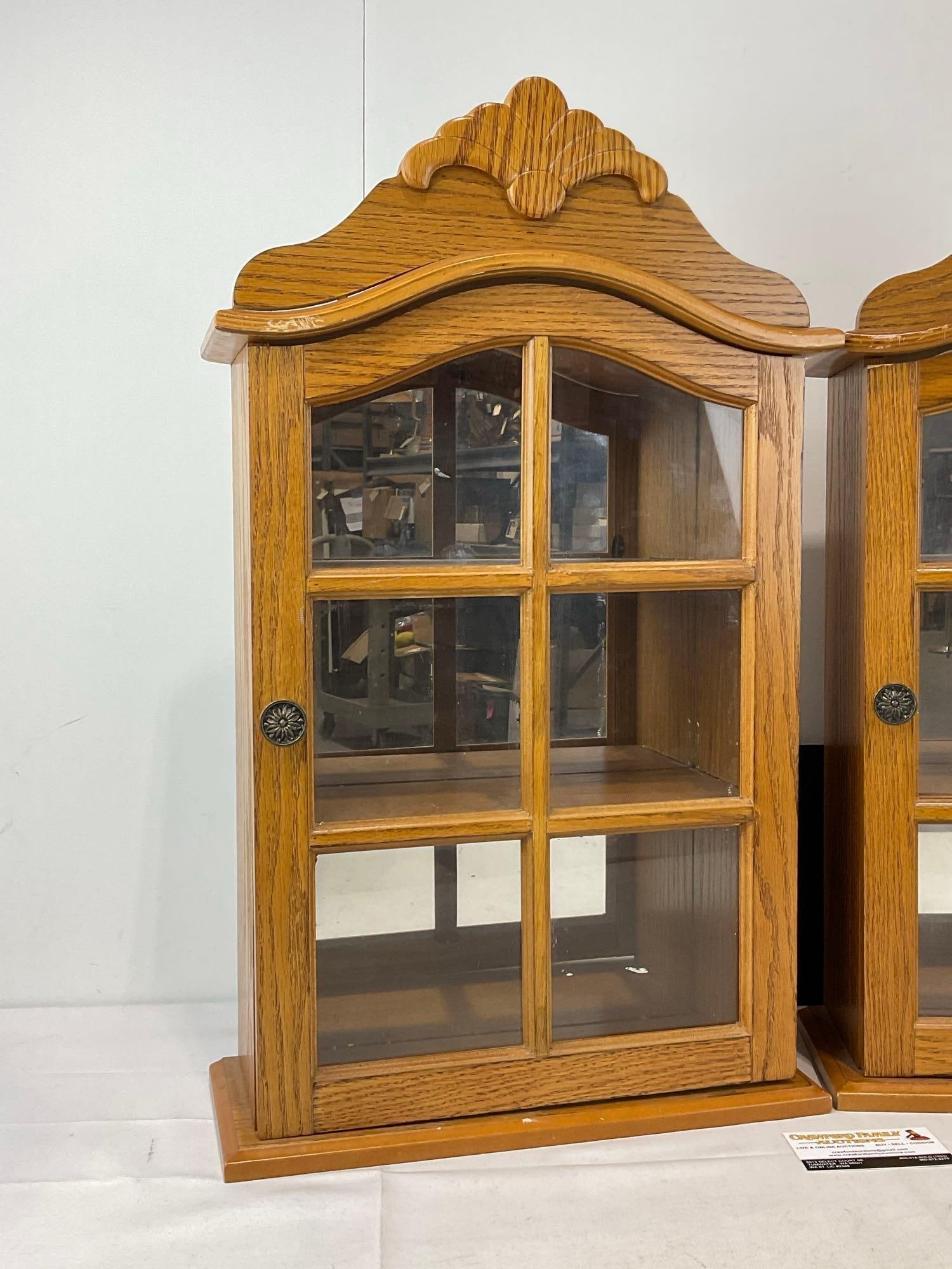 Pair of Wall Cabinets, Oak Curio Displays, Mirrored Back, 25h x 16w x 7d inches - 2
