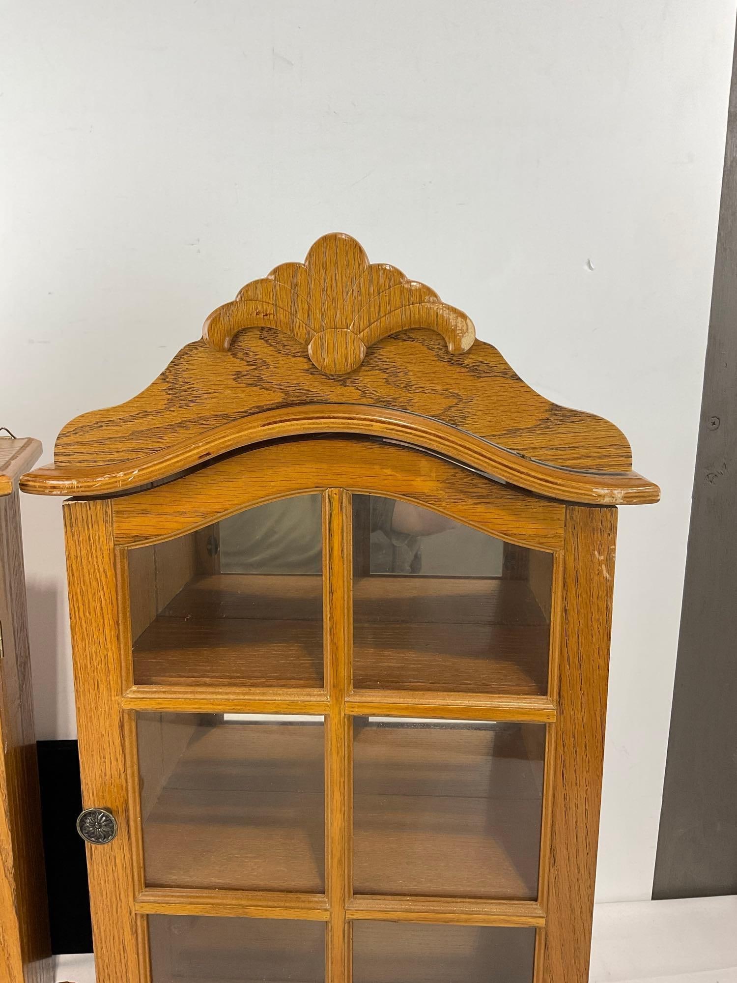 Pair of Wall Cabinets, Oak Curio Displays, Mirrored Back, 25h x 16w x 7d inches - 3
