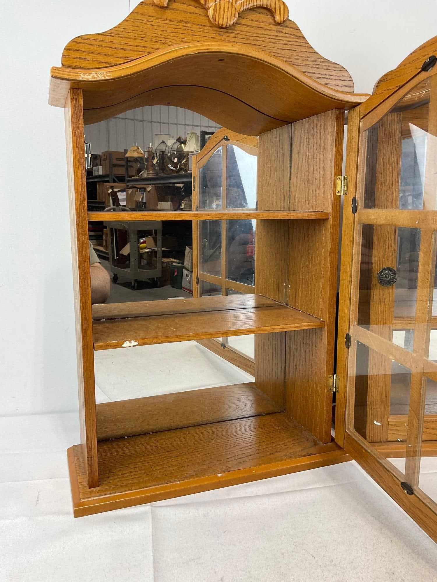 Pair of Wall Cabinets, Oak Curio Displays, Mirrored Back, 25h x 16w x 7d inches - 4