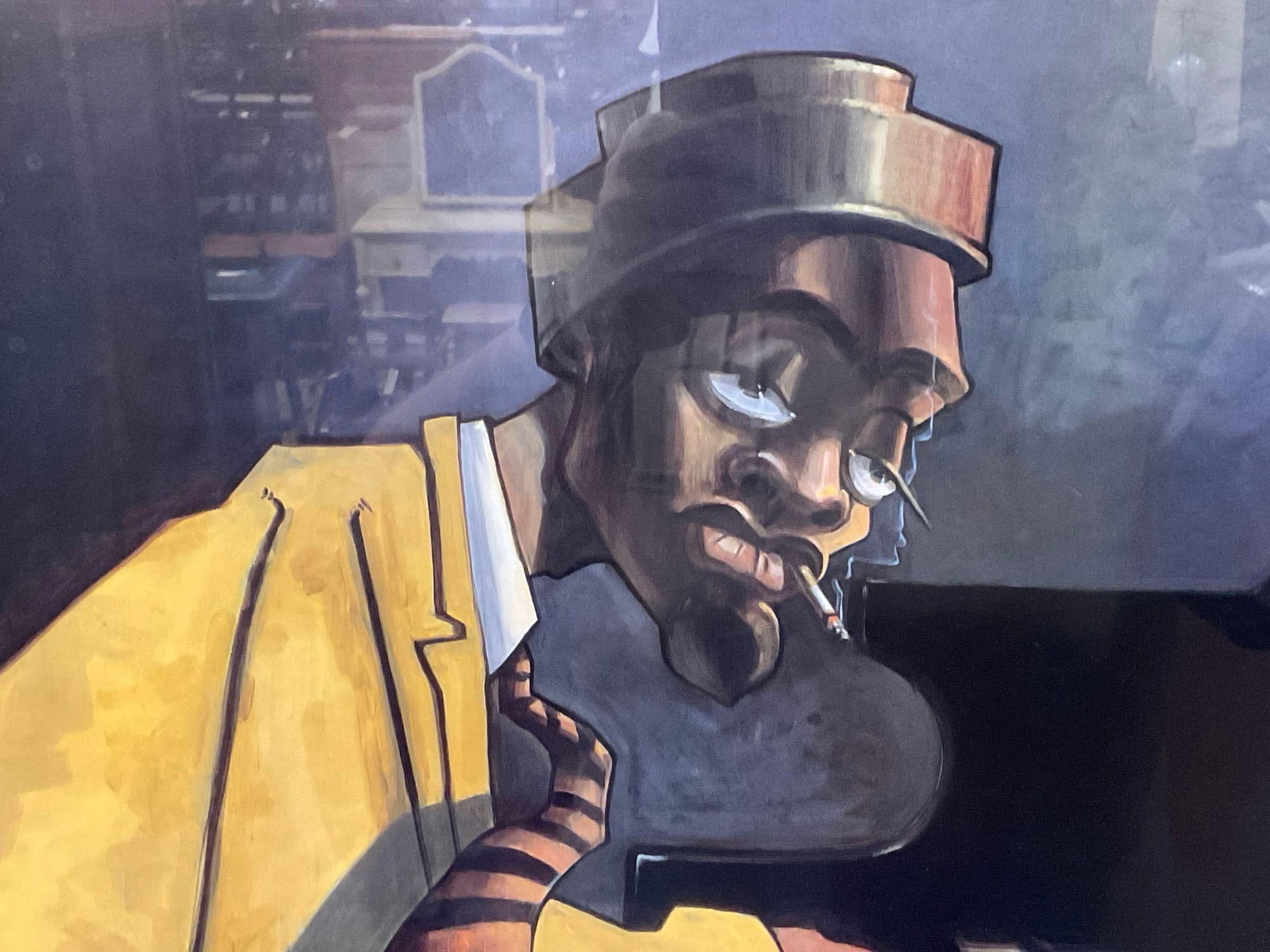 Framed Famous Art Print, 1994, titled Piano Man, by artist Justin BUA, 31x26 inches - 2