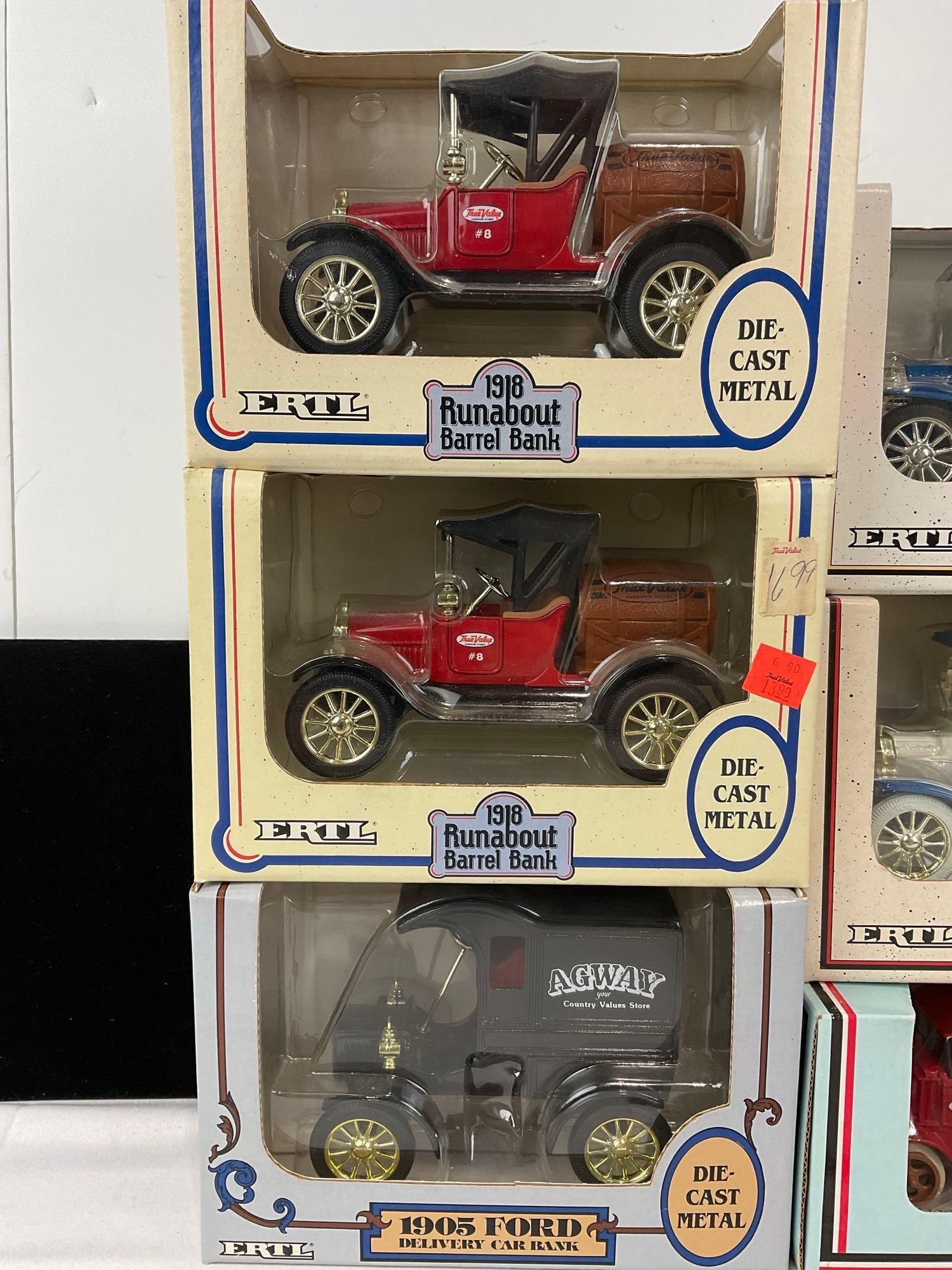 6 Ertl Diecast Models, 5x Coin Banks, Runabout Barrel, Model T, & Mack Bulldog Delivery Truck - 2