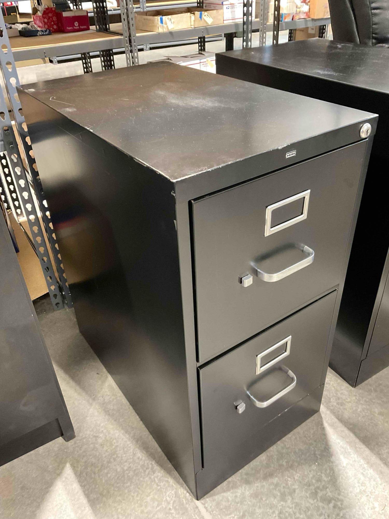 HON Black Metal 2-Drawer Filing Cabinet w/ Key. Fair Condition. Measures 15" x 25" x 29" - 2