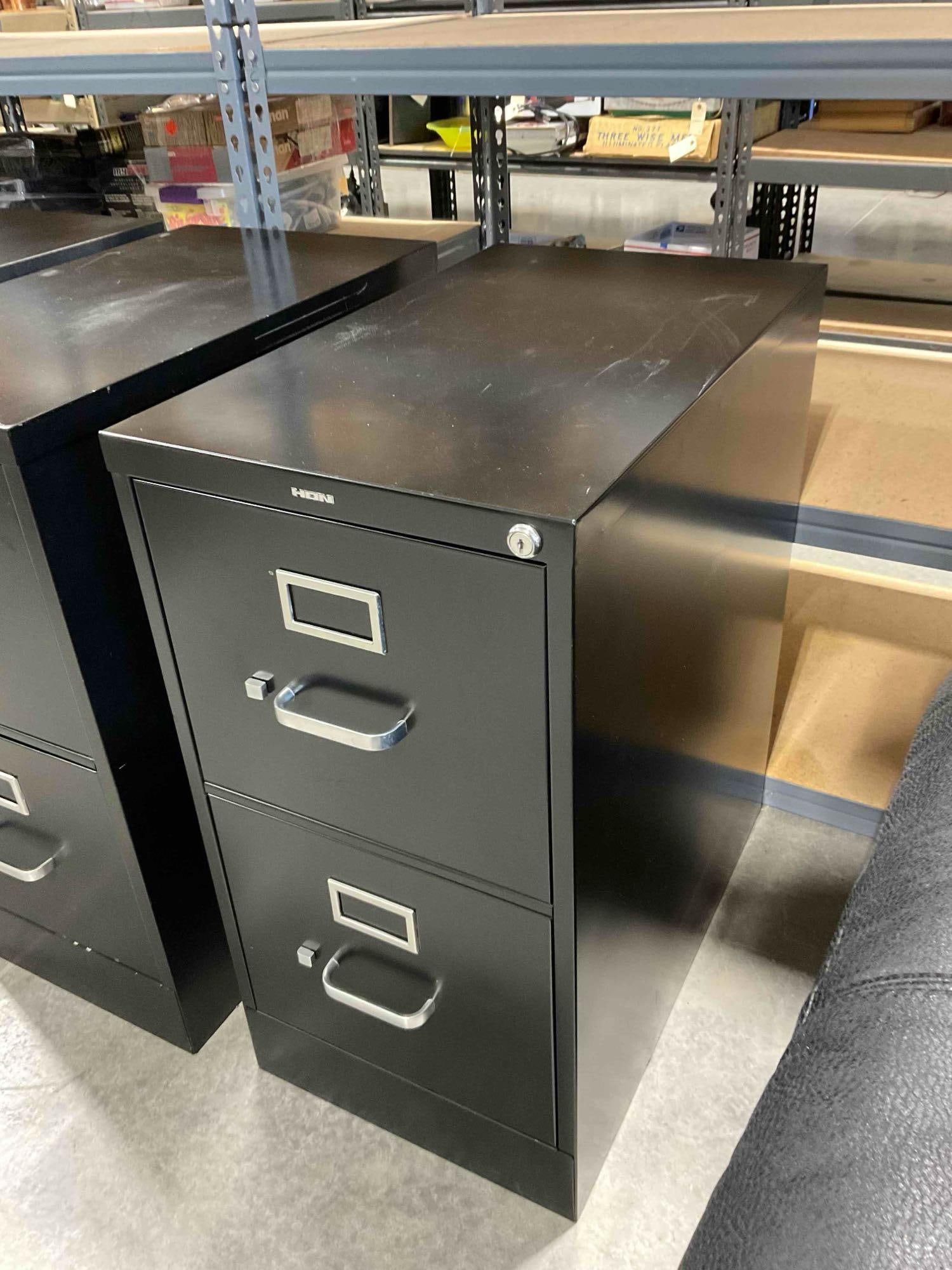 HON Black Metal 2-Drawer Filing Cabinet w/ Key. Fair Condition. Measures 15" x 25" x 29" - 2