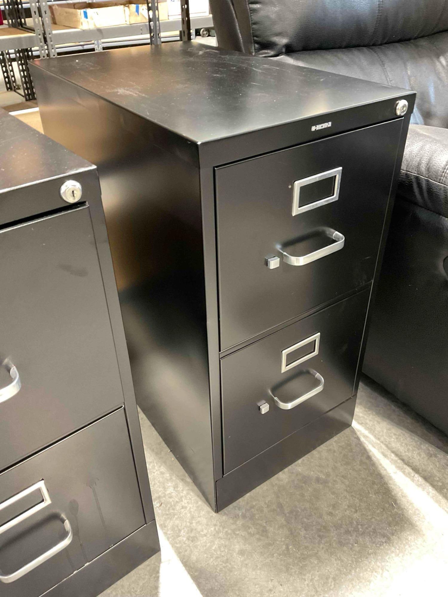 HON Black Metal 2-Drawer Filing Cabinet w/ Key. Fair Condition. Measures 15" x 25" x 29" - 3