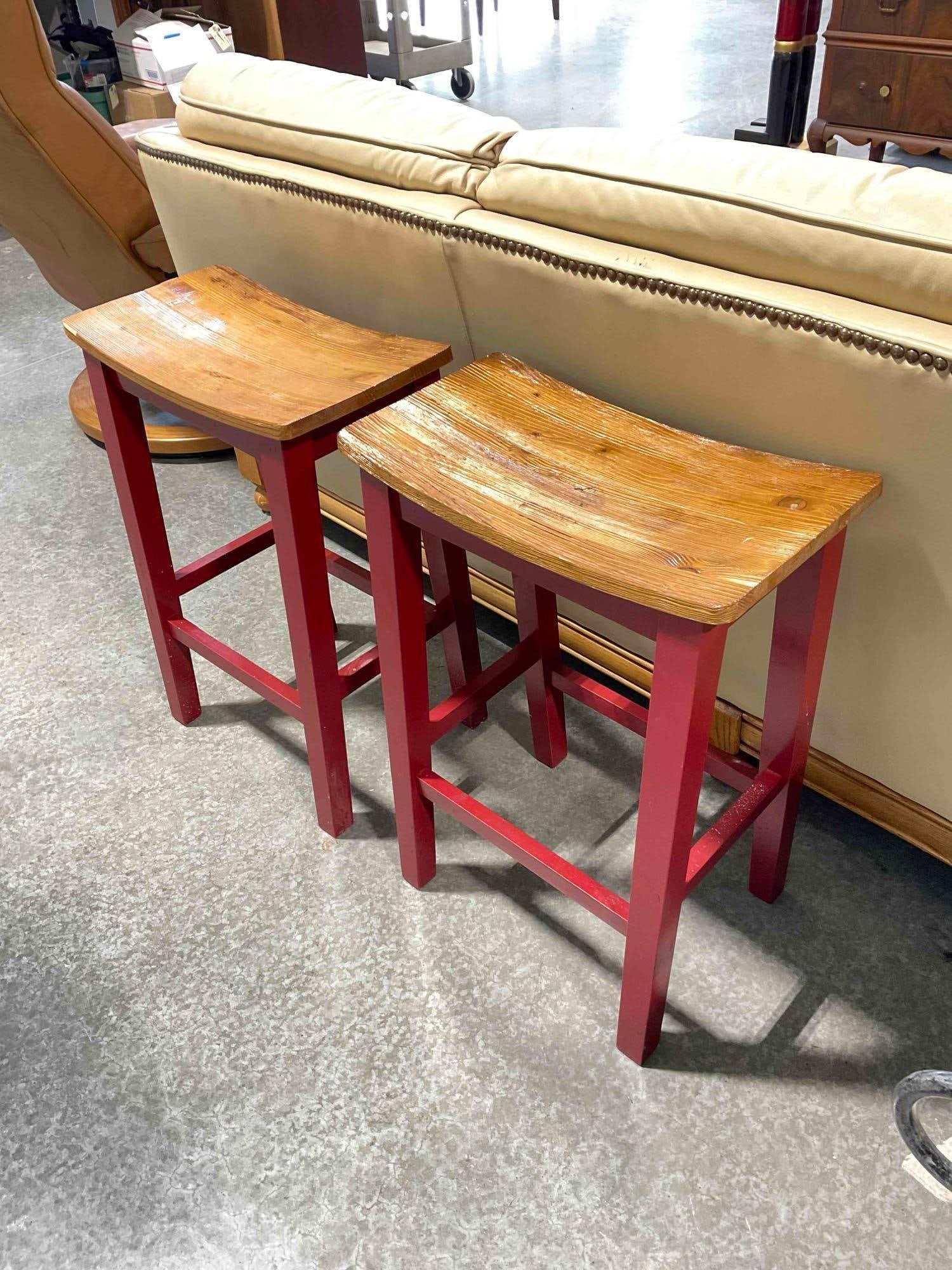 Pair of Two-Tone Wooden Kitchen Stools w/ Red Painted Base & Pine? Wood Seat. See pics. - 2