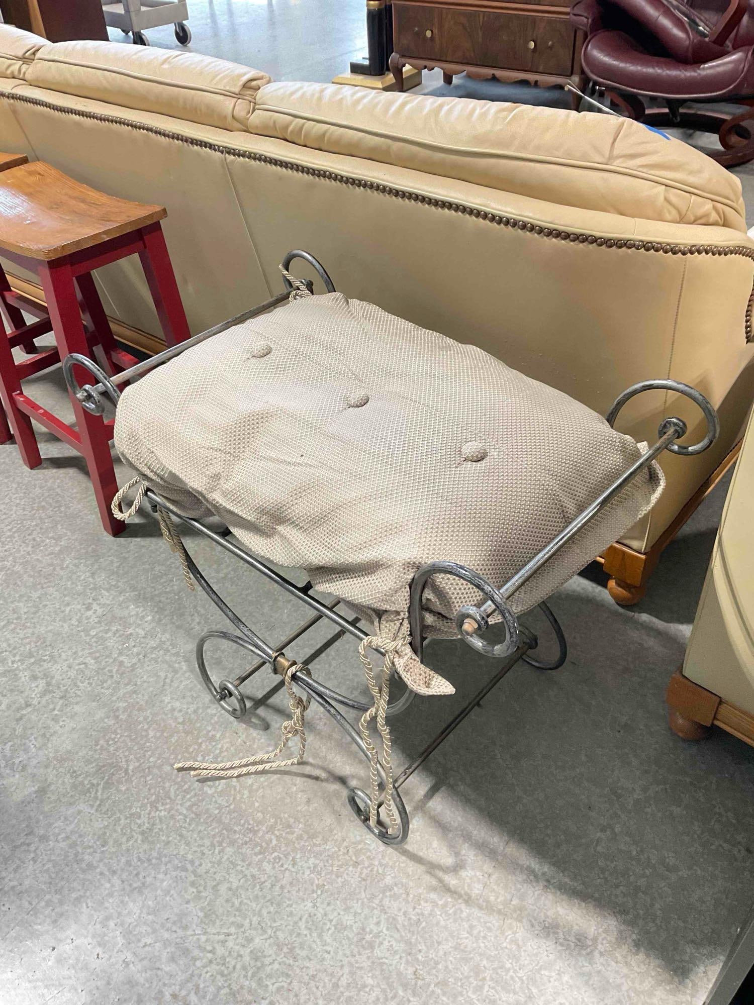 Brushed Gray Painted Metal Bench? w/ Beige Covered Cushion. Good Condition. See pics. - 2