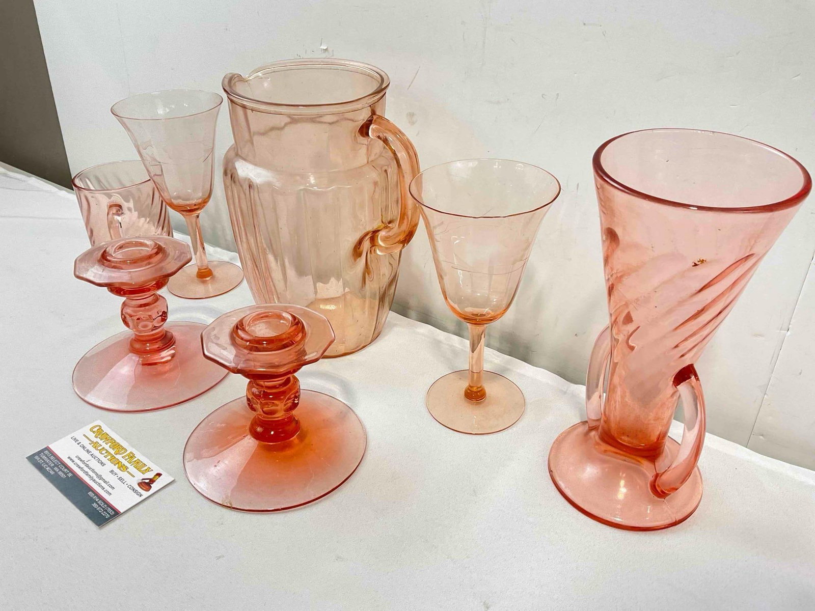 7 pcs Vintage Pink Depression Glass Dishes, incl. Mug, Glasses, Pitcher, Vase & More! See pics. - 2