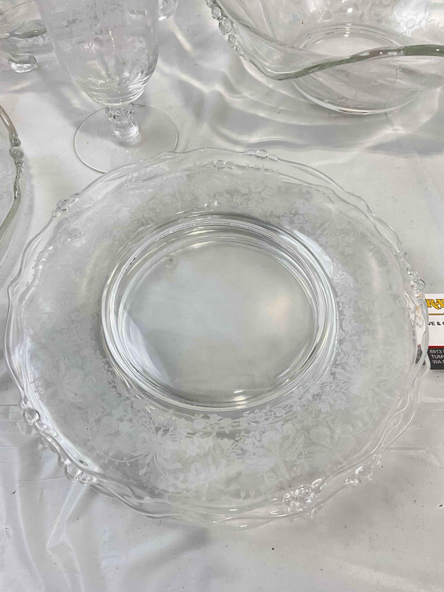 22 pcs Vintage Heisey? Clear Glass Dishes w/ Etched Orchid Flower Detail. Good Condition. See pics. - 3
