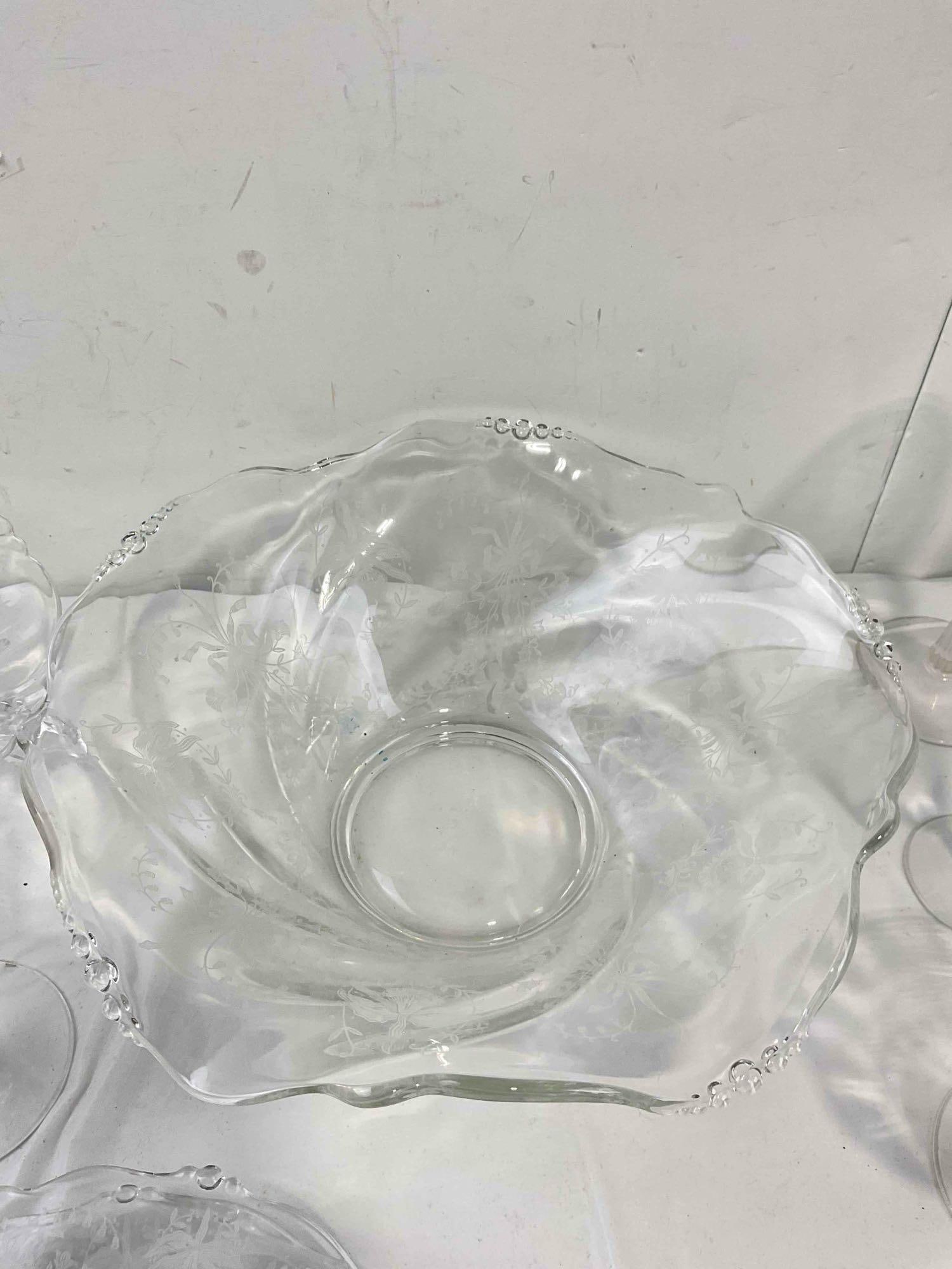 22 pcs Vintage Heisey? Clear Glass Dishes w/ Etched Orchid Flower Detail. Good Condition. See pics. - 4