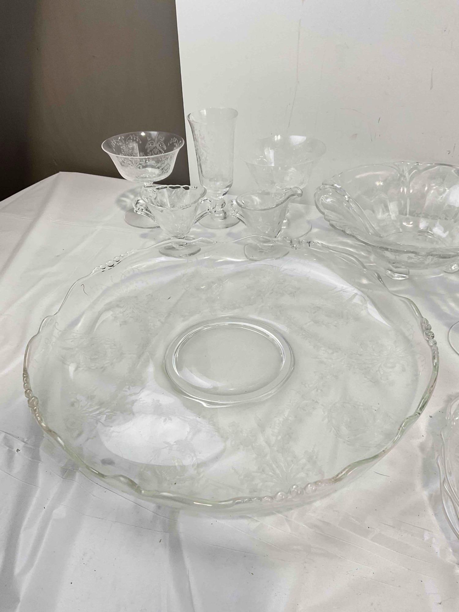 22 pcs Vintage Heisey? Clear Glass Dishes w/ Etched Orchid Flower Detail. Good Condition. See pics. - 5