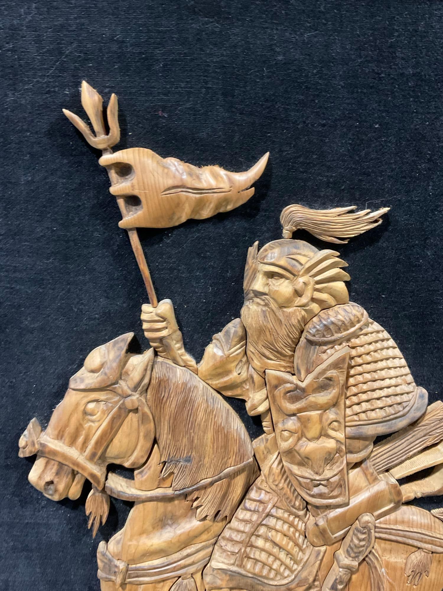 Pair of Vintage Japanese Relief Carvings, 2 Mounted Samurai Warriors, 24x21 inches - 3