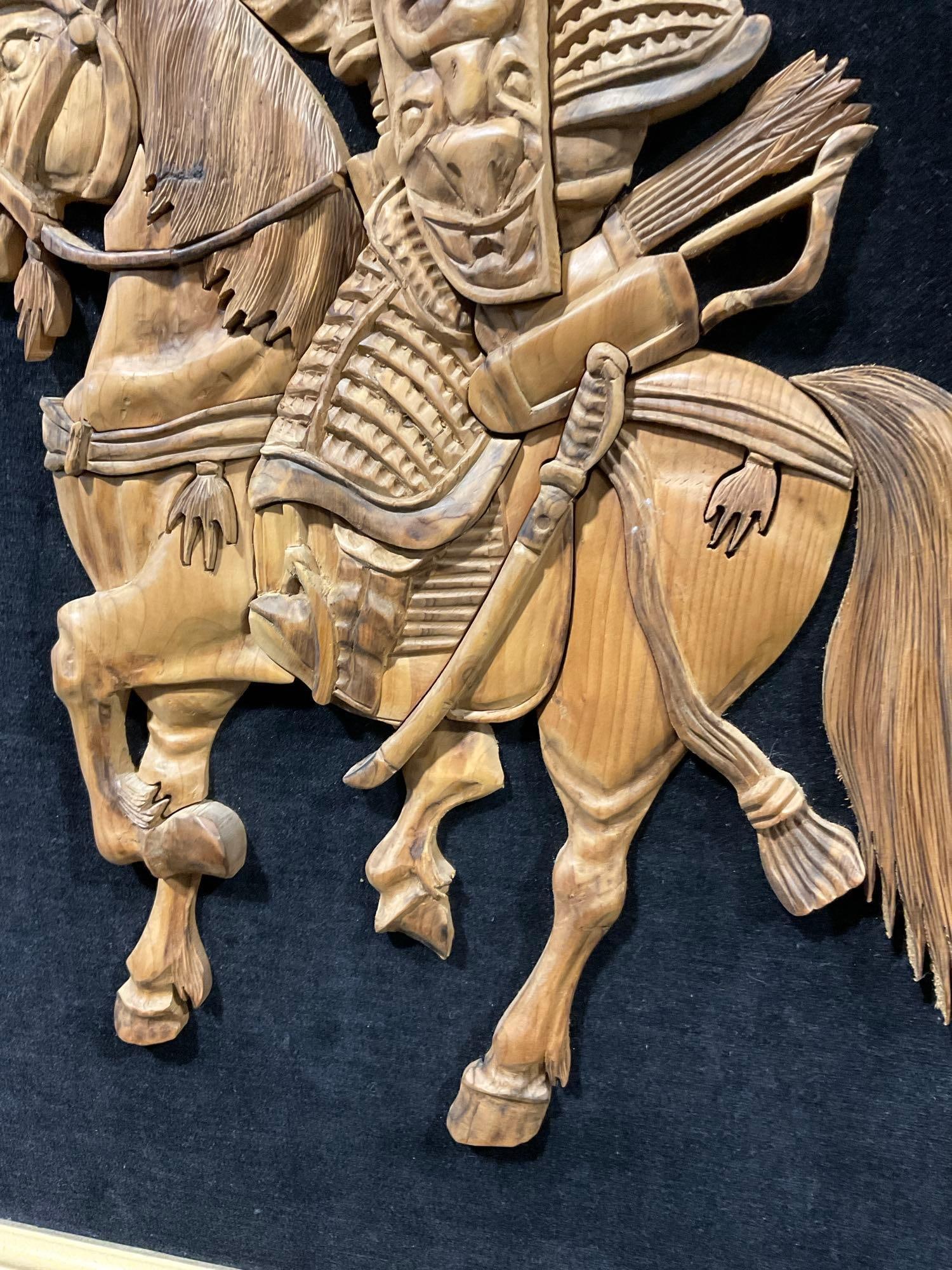 Pair of Vintage Japanese Relief Carvings, 2 Mounted Samurai Warriors, 24x21 inches - 4