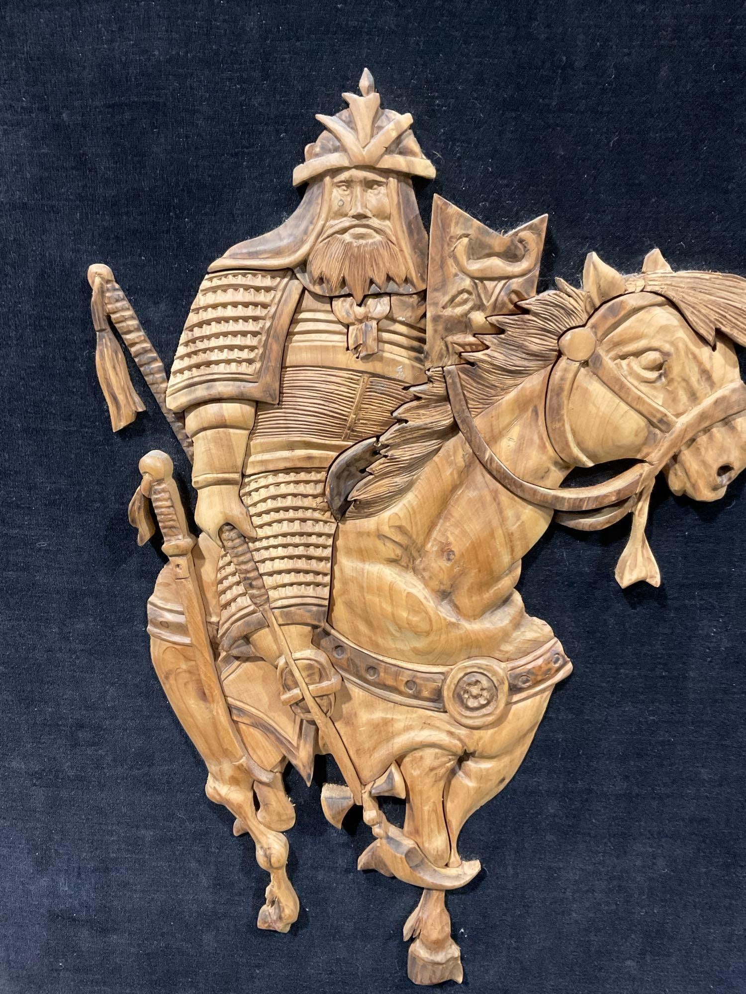 Pair of Vintage Japanese Relief Carvings, 2 Mounted Samurai Warriors, 24x21 inches - 5