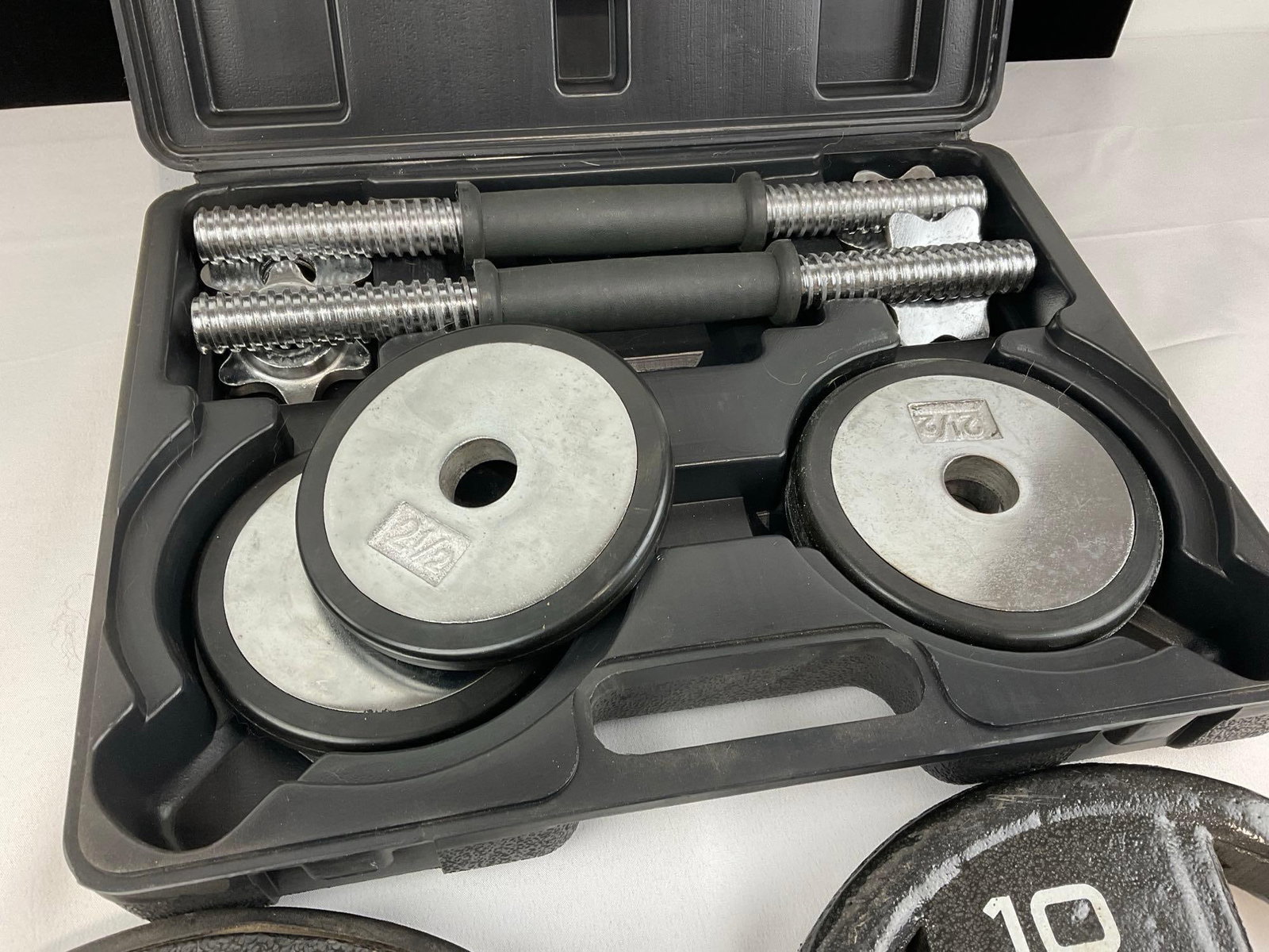 SA Gear Chrome/Rubber Dumbbell Set & 2 2.5 lb plates & 2 10 lb plates, approx 65 pounds all toget... - 3