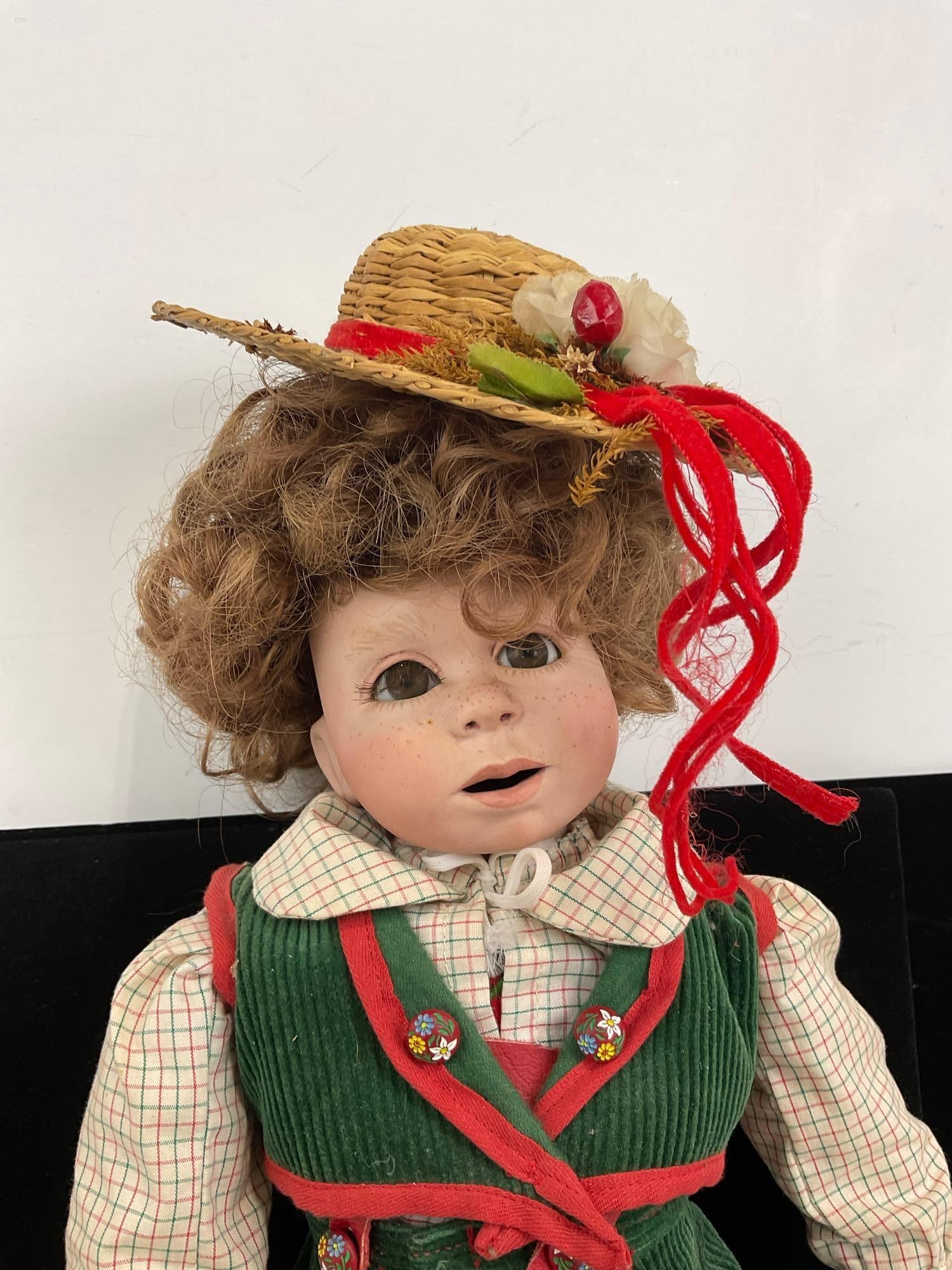 Vintage Porcelain Bavarian Style Boy Doll, Green & Red Trim Corduroy, Straw Hat, 20 x 7 x 7 inches - 2