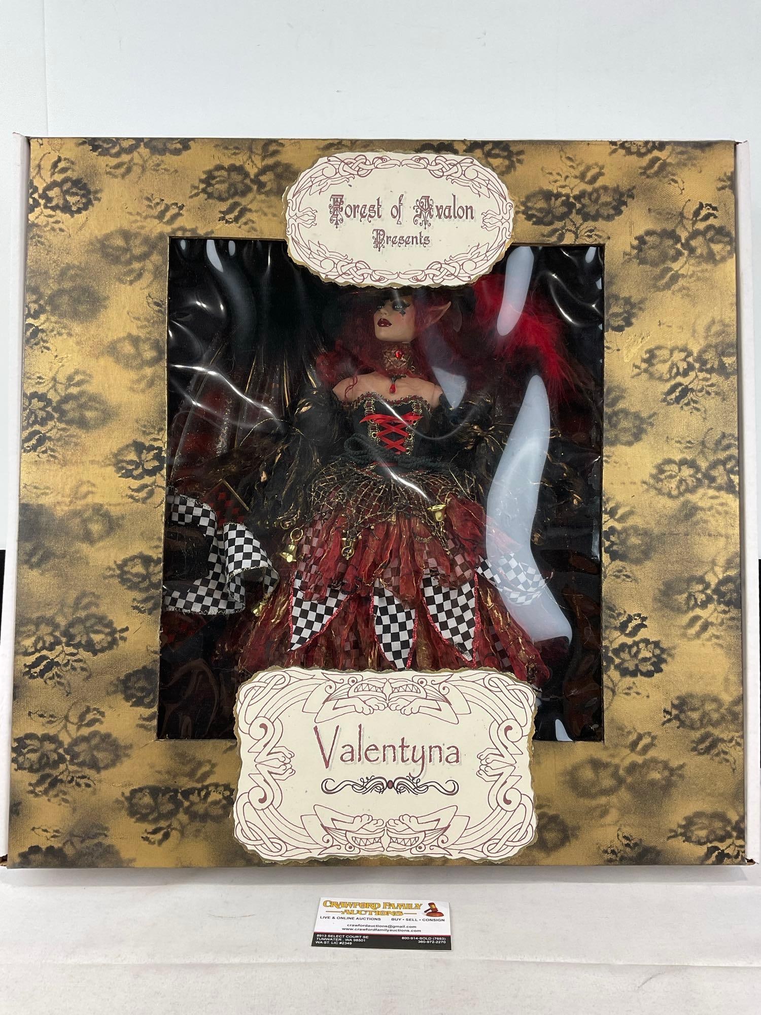 Forest of Avalon Presents Valentyna, Fairy Gothmother Doll, in box, Hand Altered & crafted: Looks to be a dollmaker altering an existing Tonner, Tyler Wentworth doll to this creation. Appears to be in good shape. The piece measures approx 21h x 22w x 5d inches. See pics. E-6160