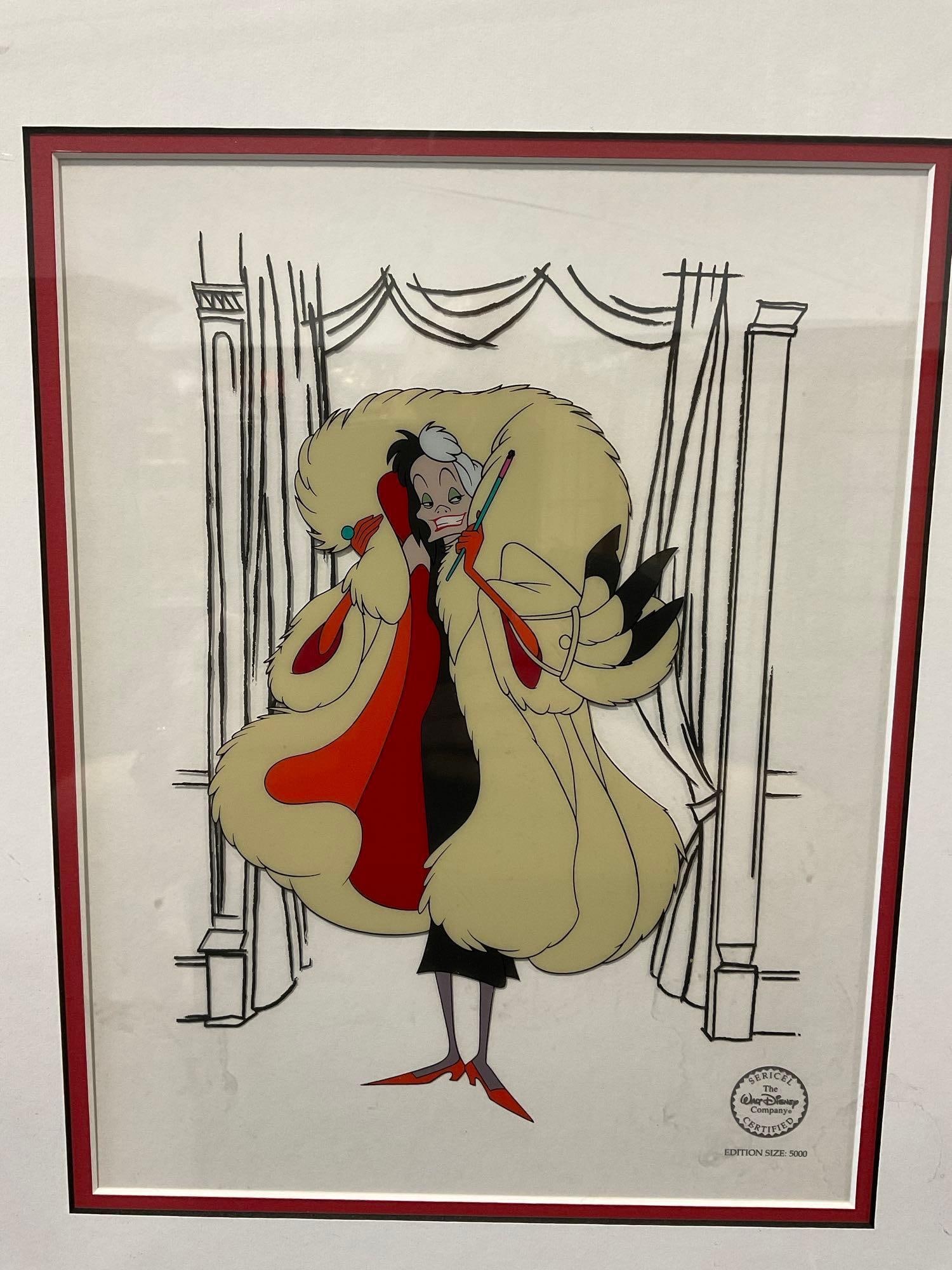 Framed Sericel LE 5000, Disneys 101 Dalmatians, titled Hello, Dahling!, Cruella DeVil, 22x19 inches: This from the collection of the late owner of a signed items collection store. Appears to be in good shape. The piece measures approx 22h x 19w x 3d inches. See pics. E-6220