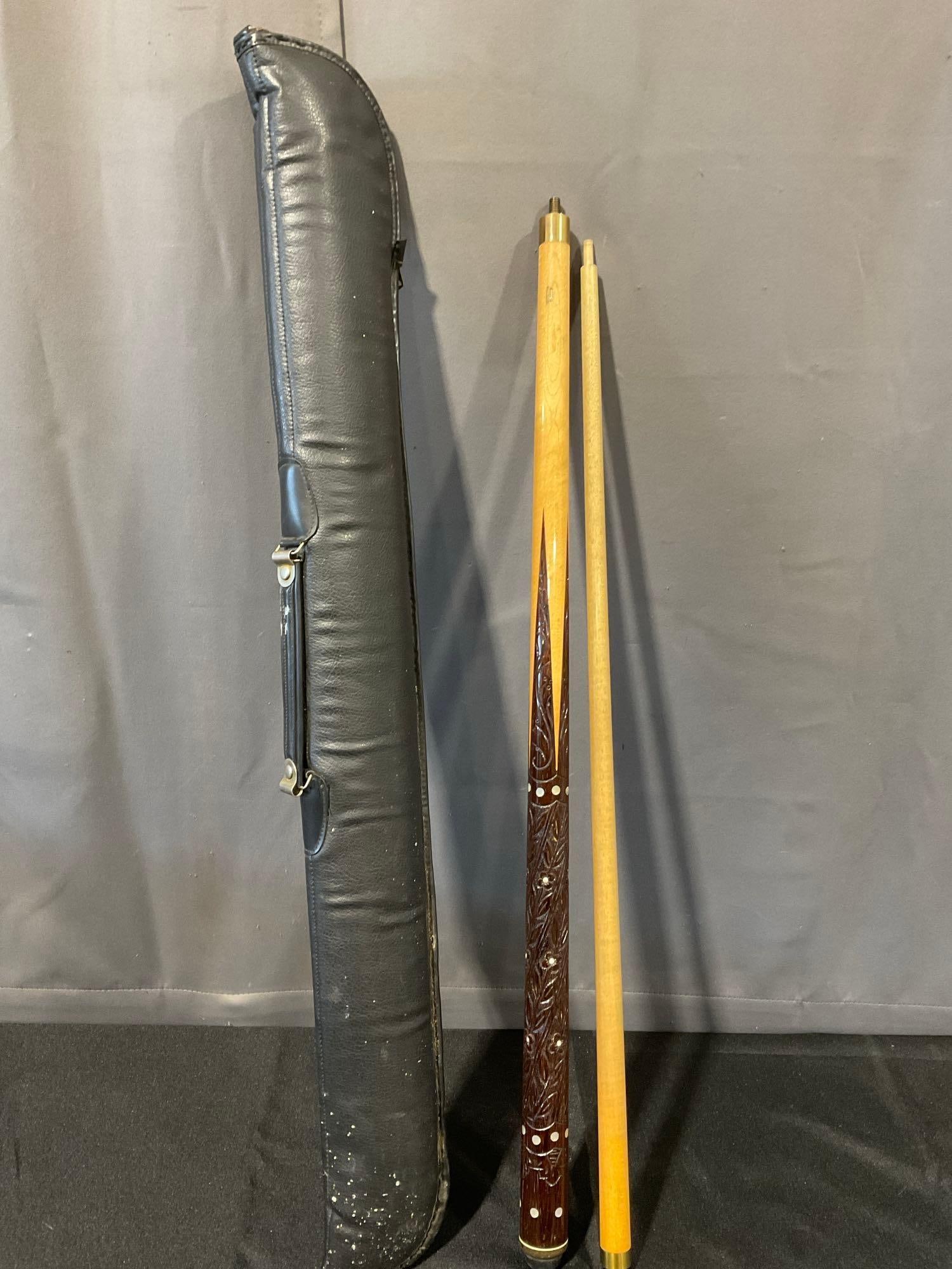 Vintage Sampaio 2-Piece Pool Stick Cue, made in Portugal, Carved w/inlaid MOP, w/case: This from the collection of the late owner of a signed items collection store. Appears to be in good shape. The piece measures approx 34h x 5w x 3d inches. See pics. E-6220