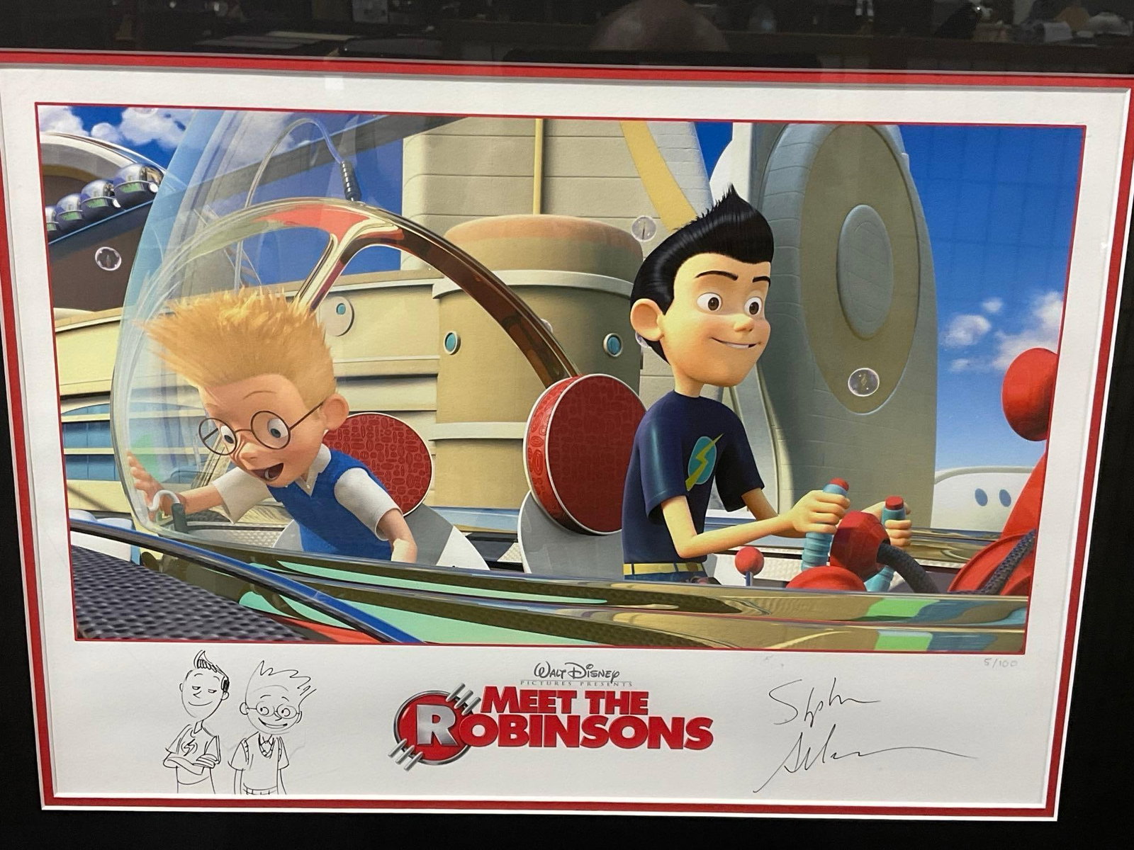 Framed Signed & #d 5/100, Meet The Robinsons Promo Poster, signed by Director Stephen J Anderson: This from the collection of the late owner of a signed items collection store. Has a remarque on the side of both Robinson characters. Appears to be in good shape. The piece measures approx 21h x 26w