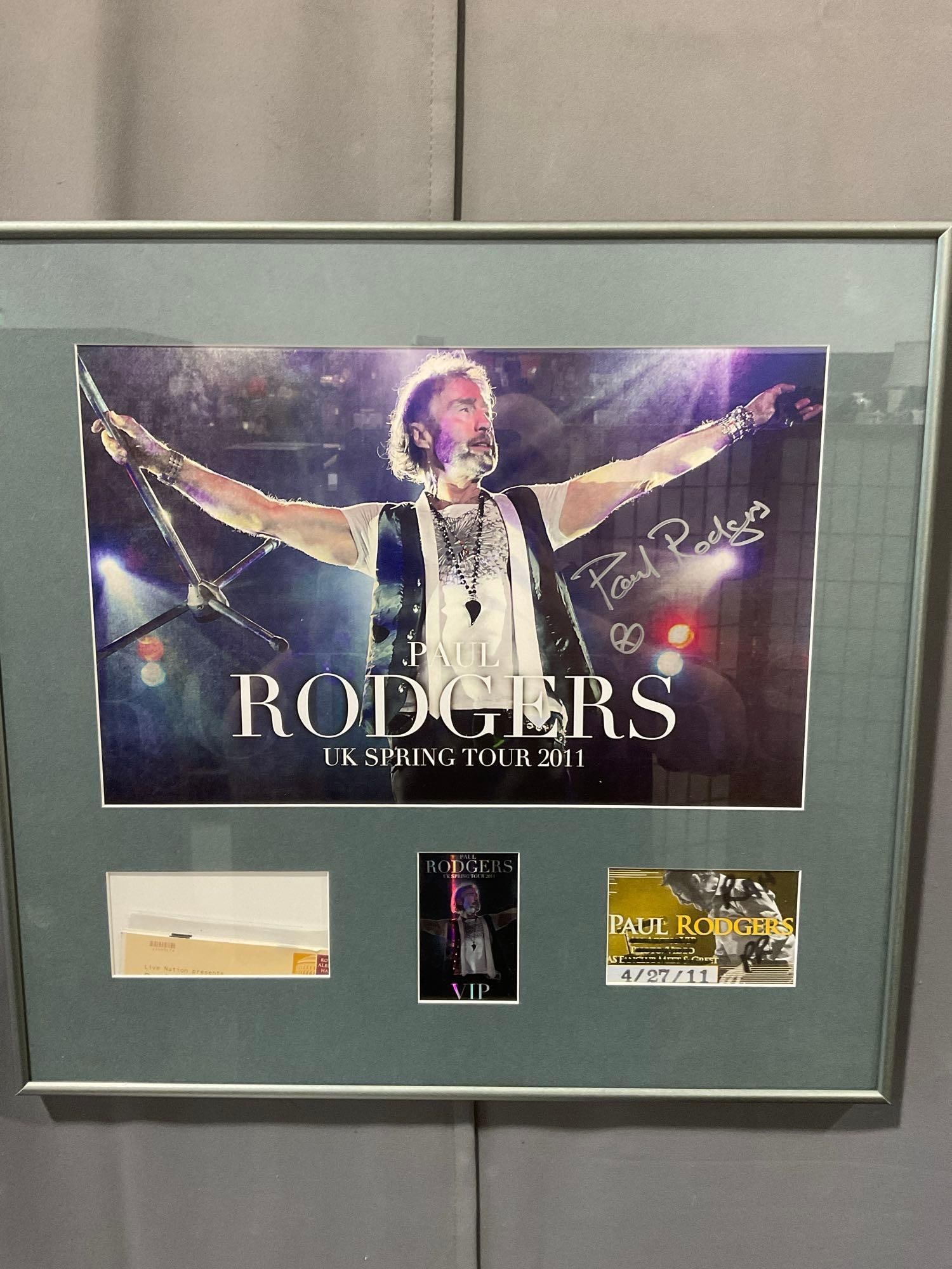 Framed Signed Paul Rodgers UK Spring Tour 2011, w/Tickets, VIP badge, signed & initialed tag, 22x23: This from the collection of the late owner of a Collection Store. Appears to be in good shape. The piece measures approx 22h x 23w x 3d inches. See pics. E-6220