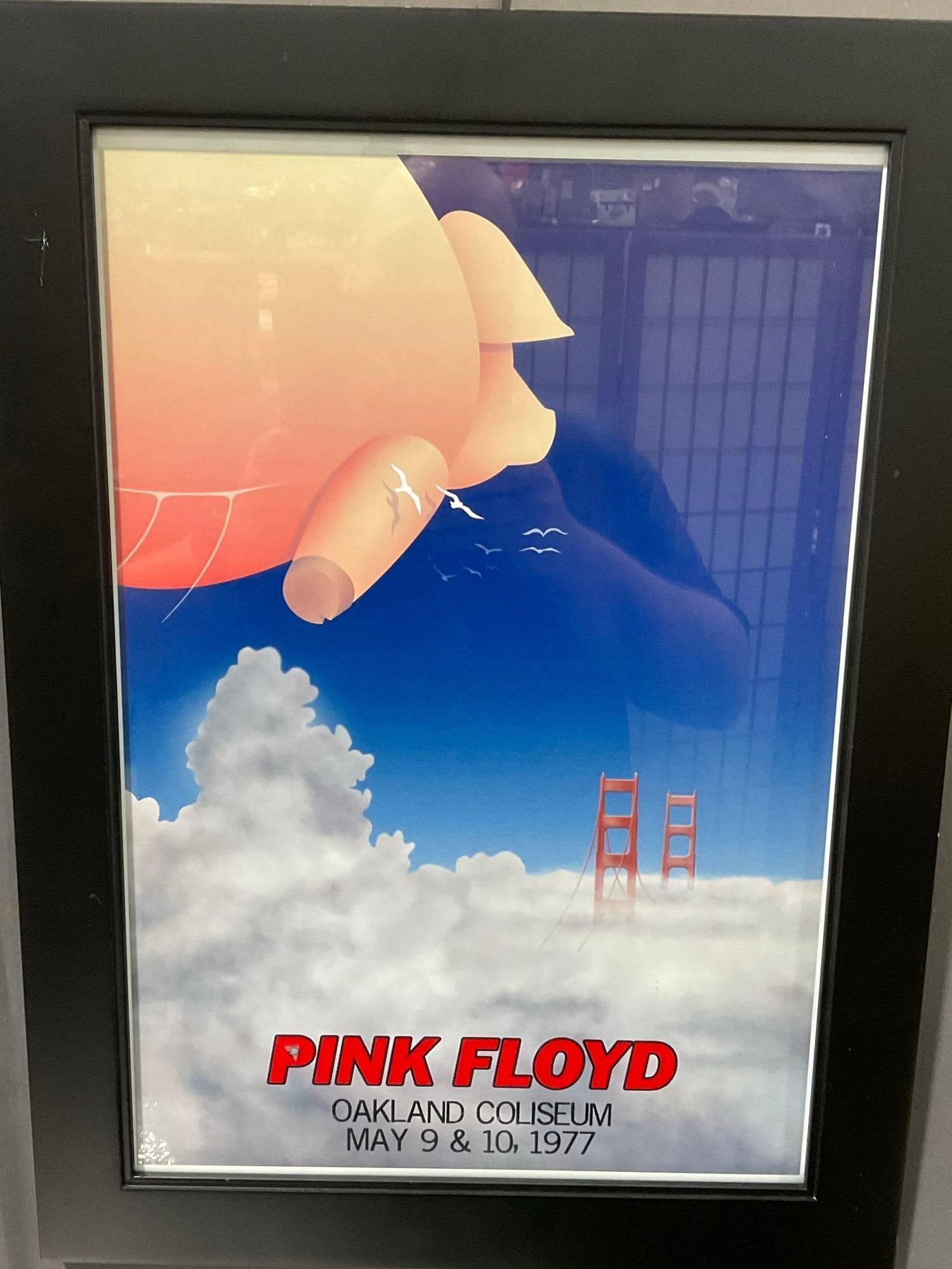 Framed Pink Floyd Poster, Oakland Coliseum May 9 & 10, 1977, 23x17 in, pig blimp above golden gate: This from the collection of the late owner of a Collection Store. Appears to be in good shape. The piece measures approx 23h x 17w x 3d inches. See pics. E-6220