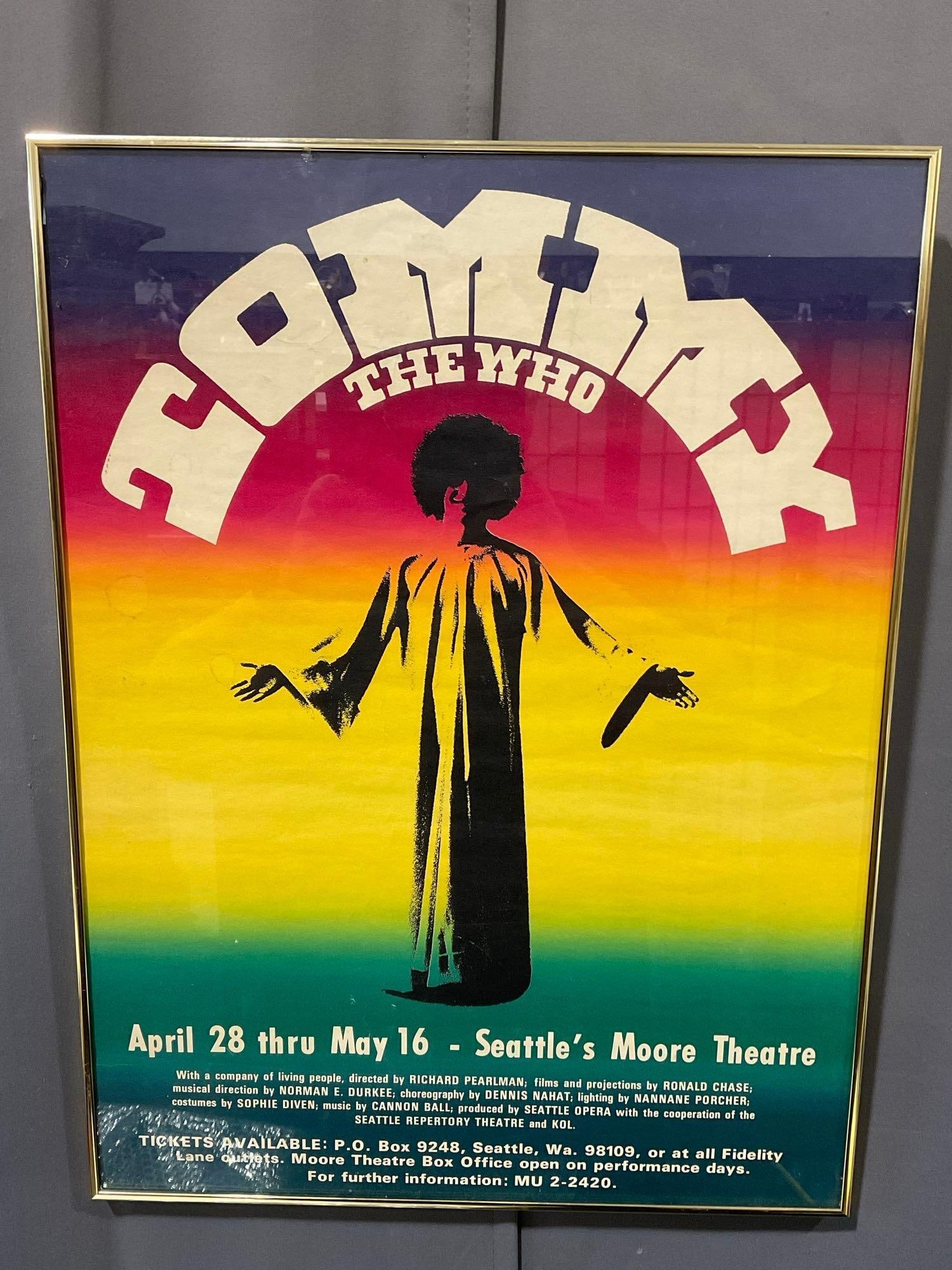 Framed 1971 Tommy The Who Musical Poster, Premiere at the Moore Theatre, 23h x 18w inches: This from the collection of the late owner of a Collection Store. Appears to be in good shape. The piece measures approx 23h x 18w x 3d inches. See pics. E-6220
