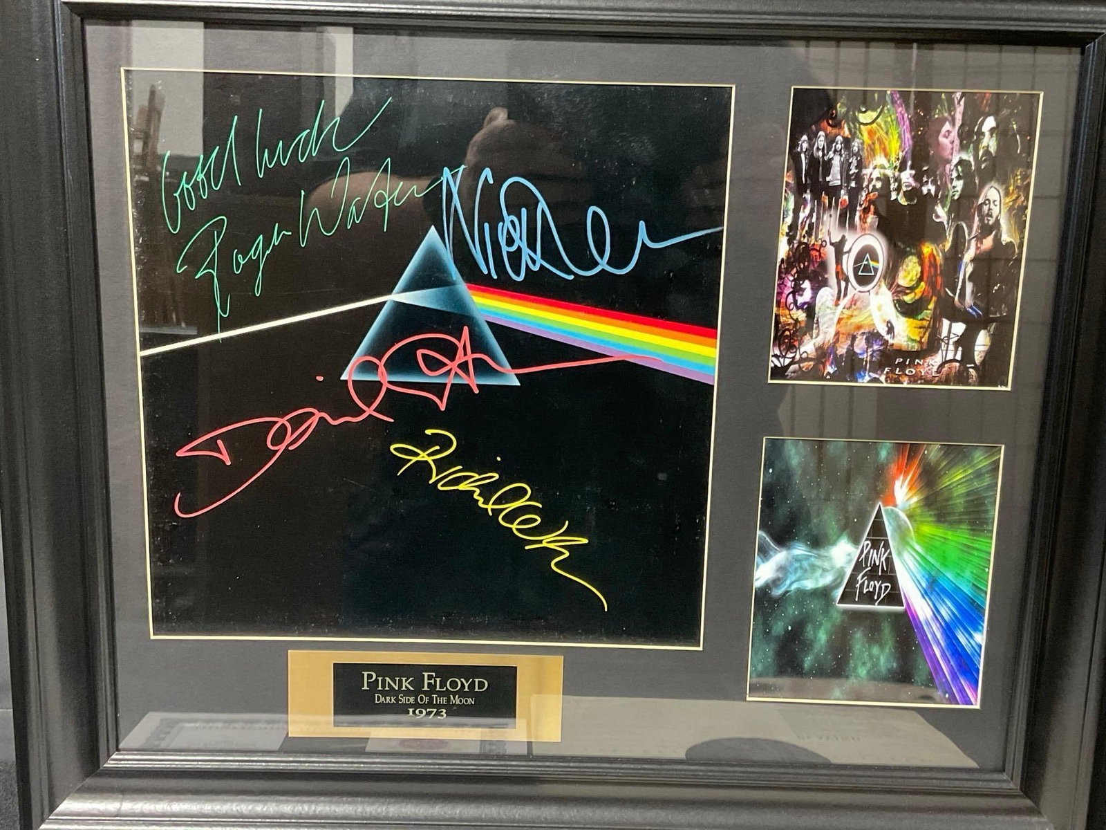 Framed Signed Pink Floyd Dark Side of the Moon Record w/COA, signed by 4 band members, 21x25 inches - 2