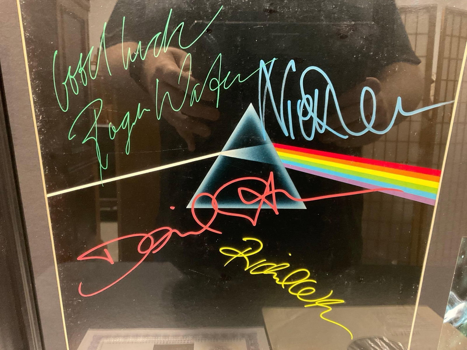 Framed Signed Pink Floyd Dark Side of the Moon Record w/COA, signed by 4 band members, 21x25 inches - 3