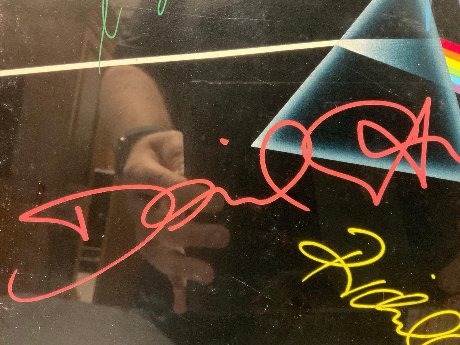 Framed Signed Pink Floyd Dark Side of the Moon Record w/COA, signed by 4 band members, 21x25 inches - 6