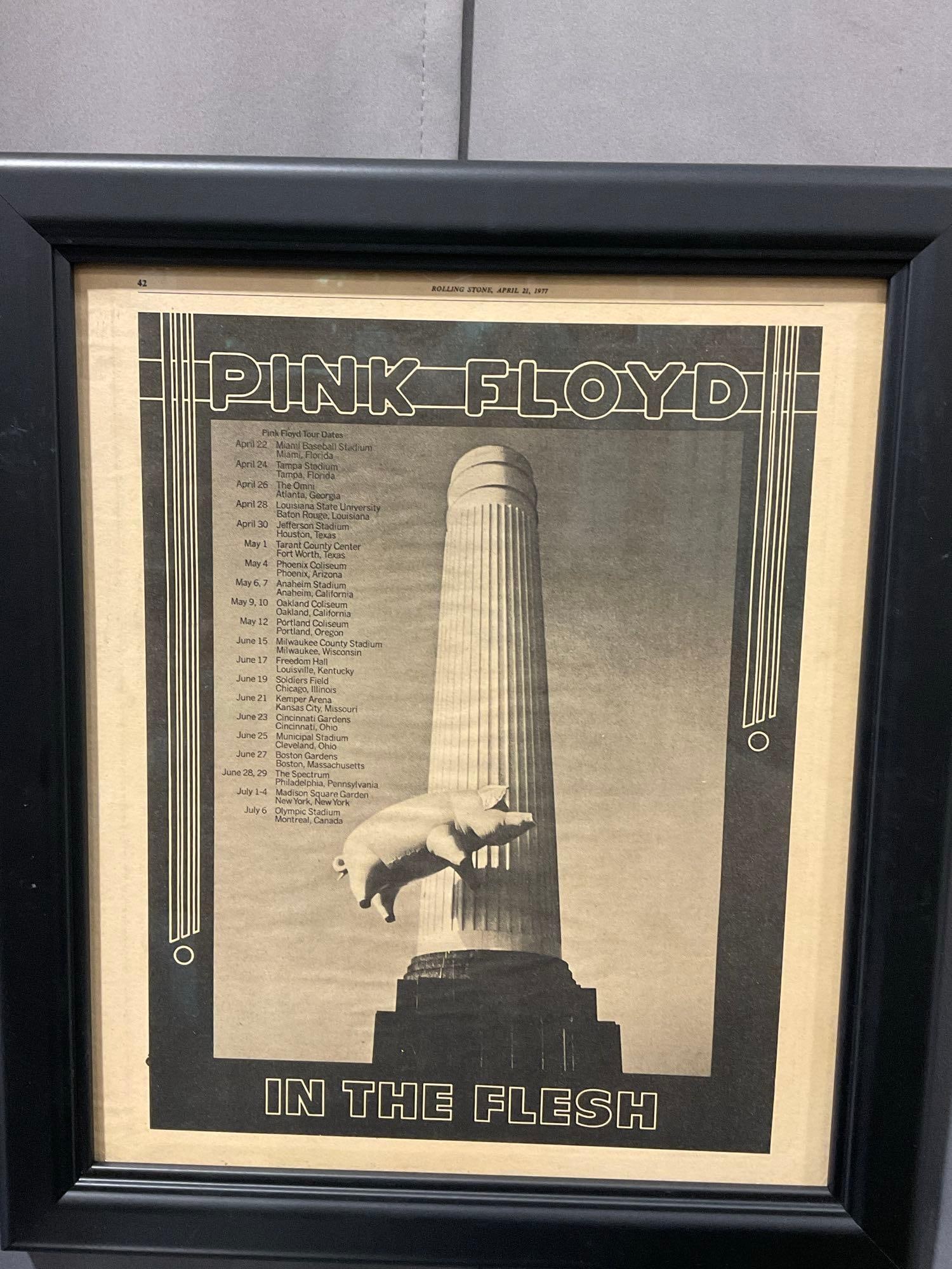 Framed Vintage Pink Floyd In The Flesh Poster, Rolling Stone April 21, 1977, Tour Dates, 17x14 inch: This from the collection of the late owner of a Collection Store. Appears to be in good shape. The piece measures approx 17h x 14w x 3d inches. See pics. E-6220